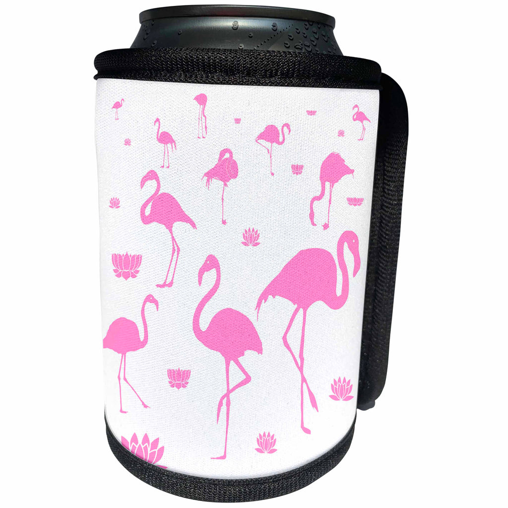 3dRose Alexis Design - Birds Flamingo - Pink flamingo bird and lotus flower silhouettes on white - Can Cooler Bottle Wrap (cc_273953)