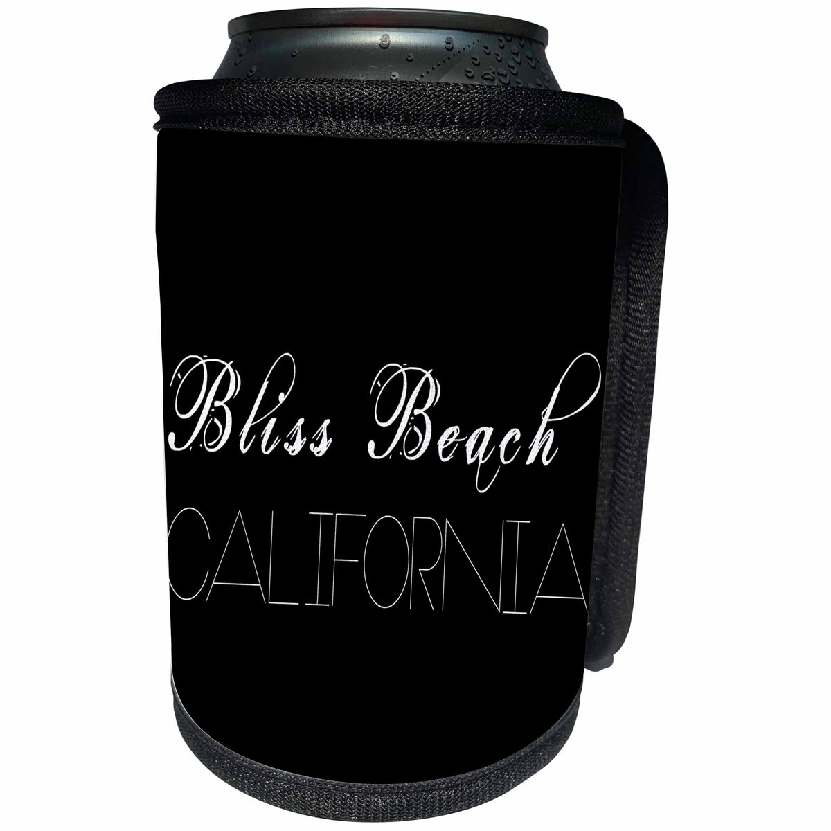3dRose Alexis Design - American Beaches - American Beaches - Bliss Beach, California, white on black - Can Cooler Bottle Wrap (cc_273958)