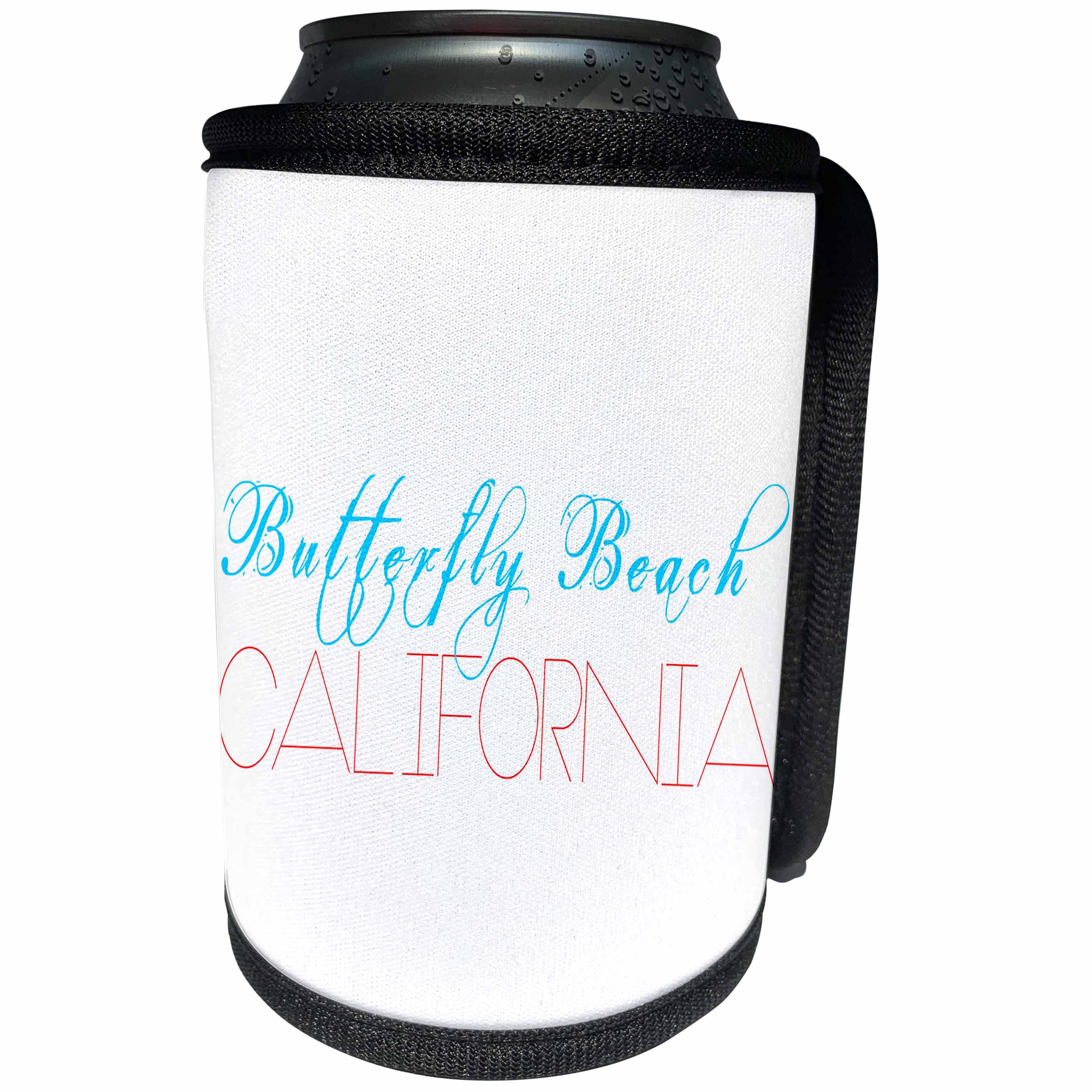 3dRose Alexis Design - American Beaches - American Beaches - Butterfly Beach, California, blue, red on white - Can Cooler Bottle Wrap (cc_273960)