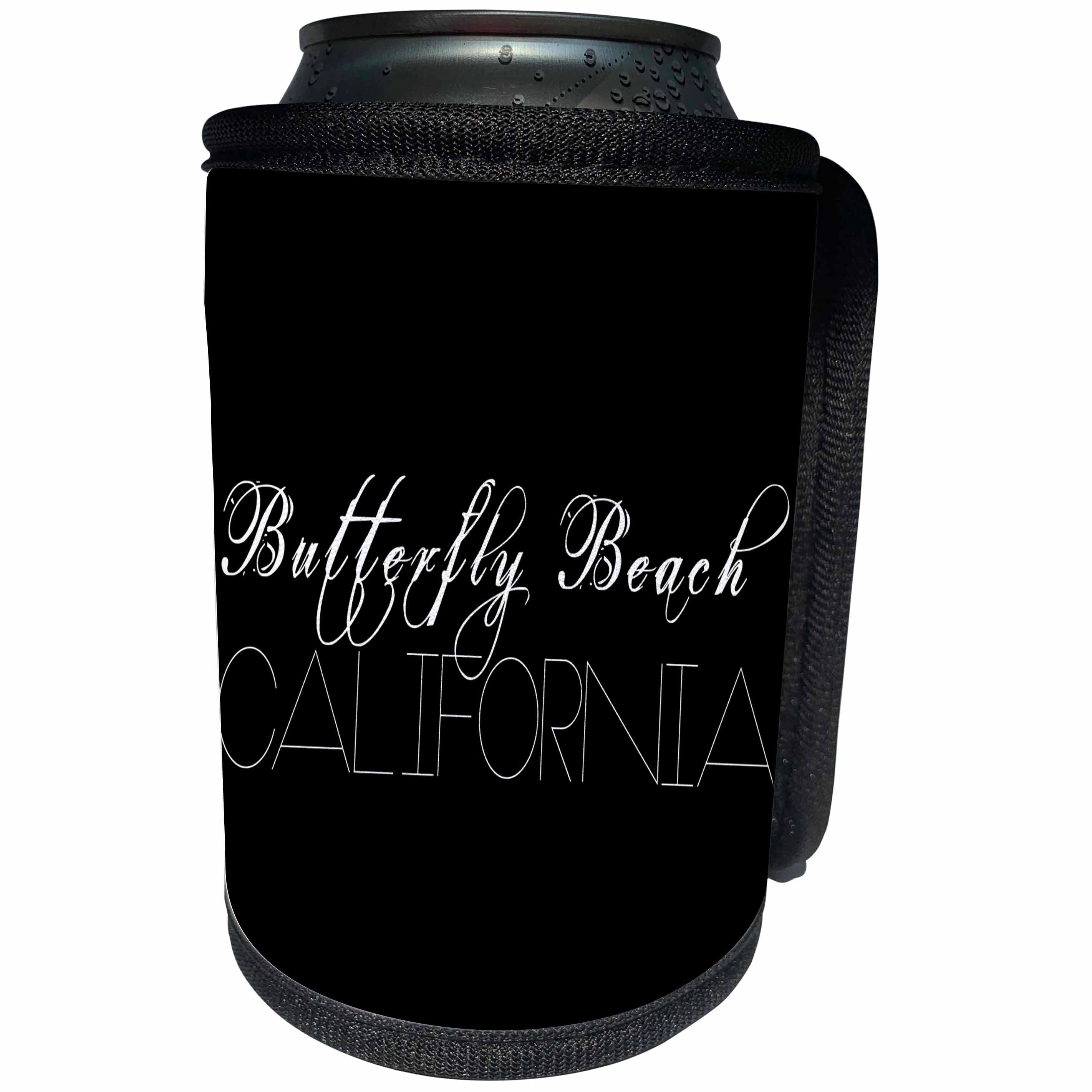 3dRose Alexis Design - American Beaches - American Beaches - Butterfly Beach, California, white on black - Can Cooler Bottle Wrap (cc_273962)