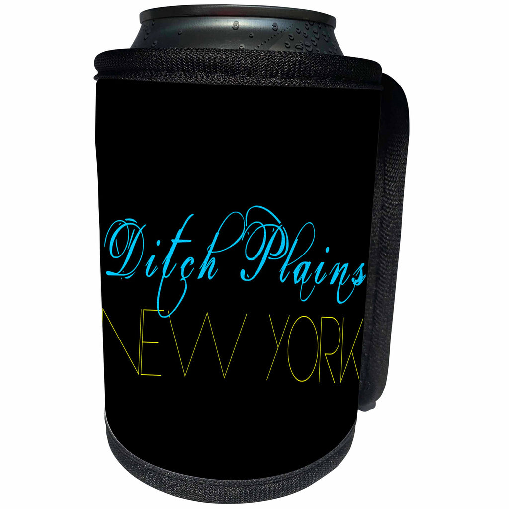 3dRose Alexis Design - American Beaches - American Beaches - Ditch Plains, New York, blue, yellow on black - Can Cooler Bottle Wrap (cc_273965)