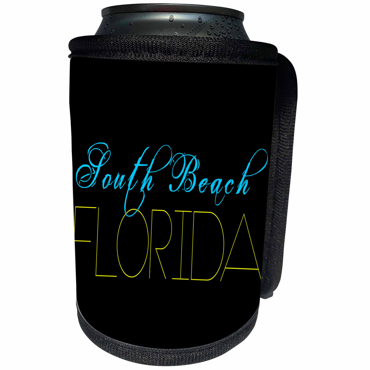 3dRose Alexis Design - American Beaches - American Beaches - South Beach, Florida, blue, yellow on black - Can Cooler Bottle Wrap (cc_273973)