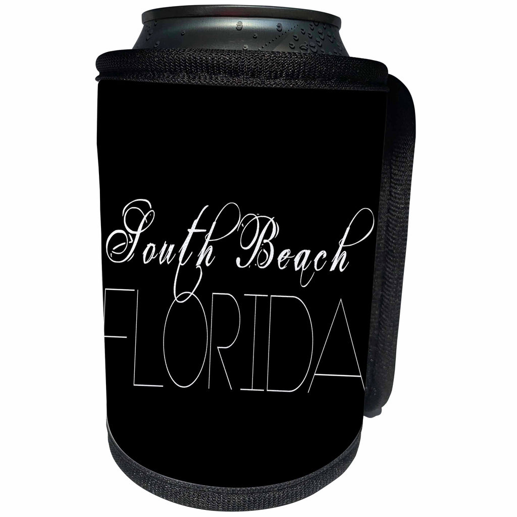 3dRose Alexis Design - American Beaches - American Beaches - South Beach, Florida, white on black - Can Cooler Bottle Wrap (cc_273974)