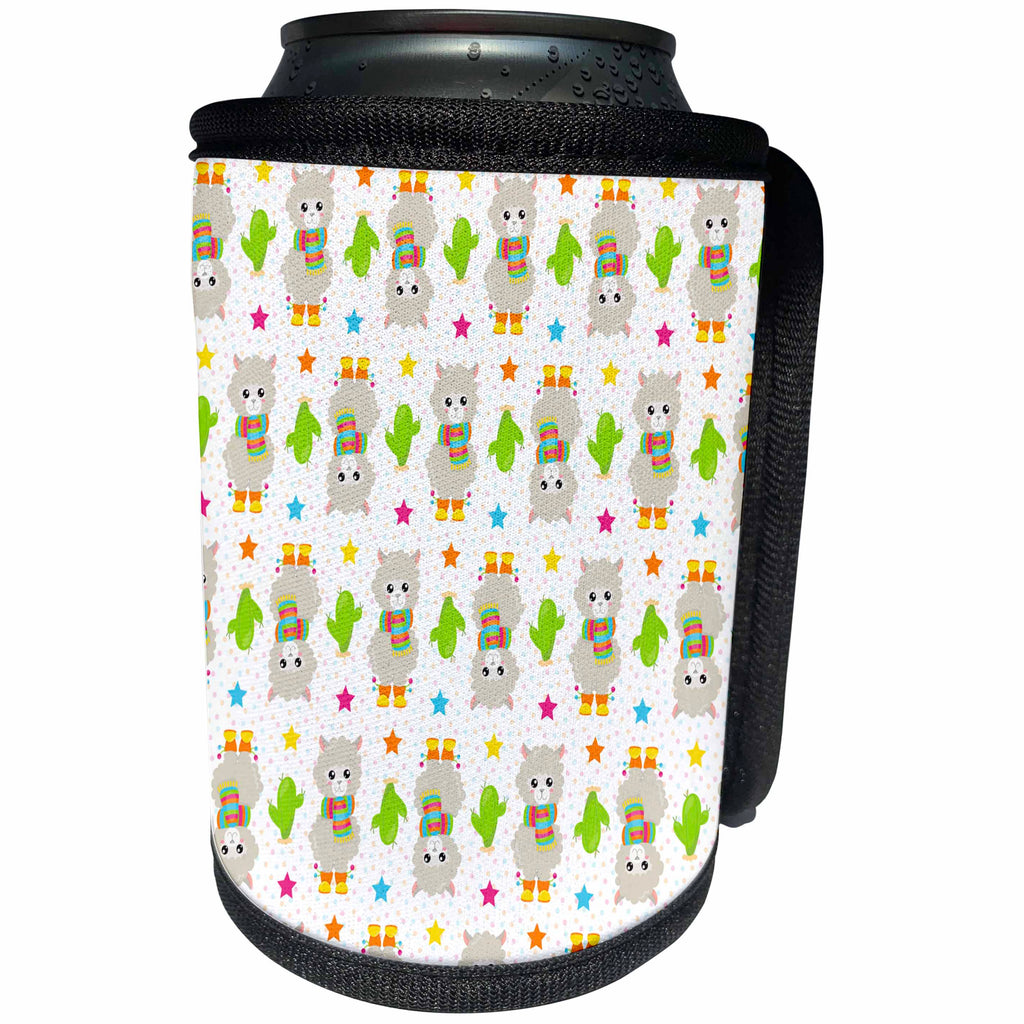 3dRose Anne Marie Baugh - Patterns - Cute Alpacas And Cactus Pattern With Stars - Can Cooler Bottle Wrap (cc_273978)