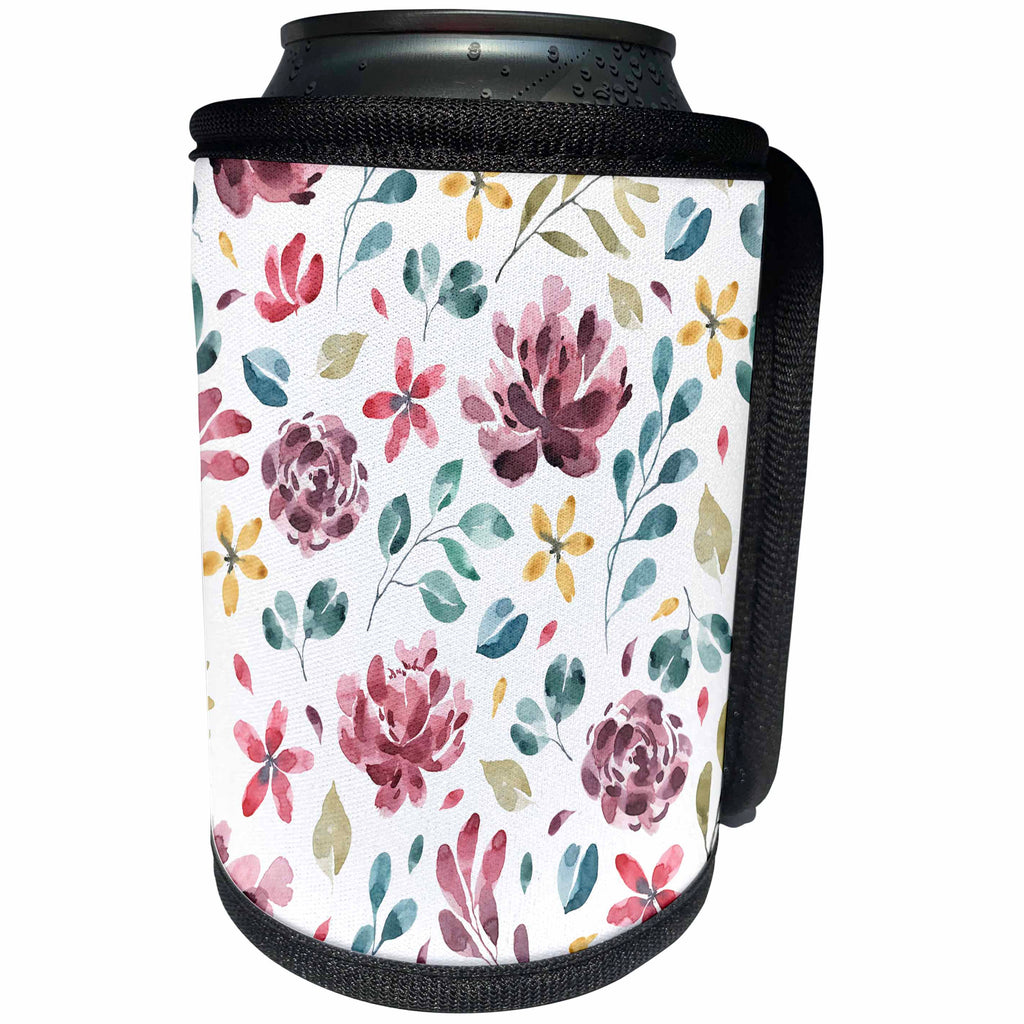 3dRose Anne Marie Baugh - Patterns - Pretty Watercolor Purple, Pink, Yellow, Blue Floral and Leaves Pattern - Can Cooler Bottle Wrap (cc_274059)