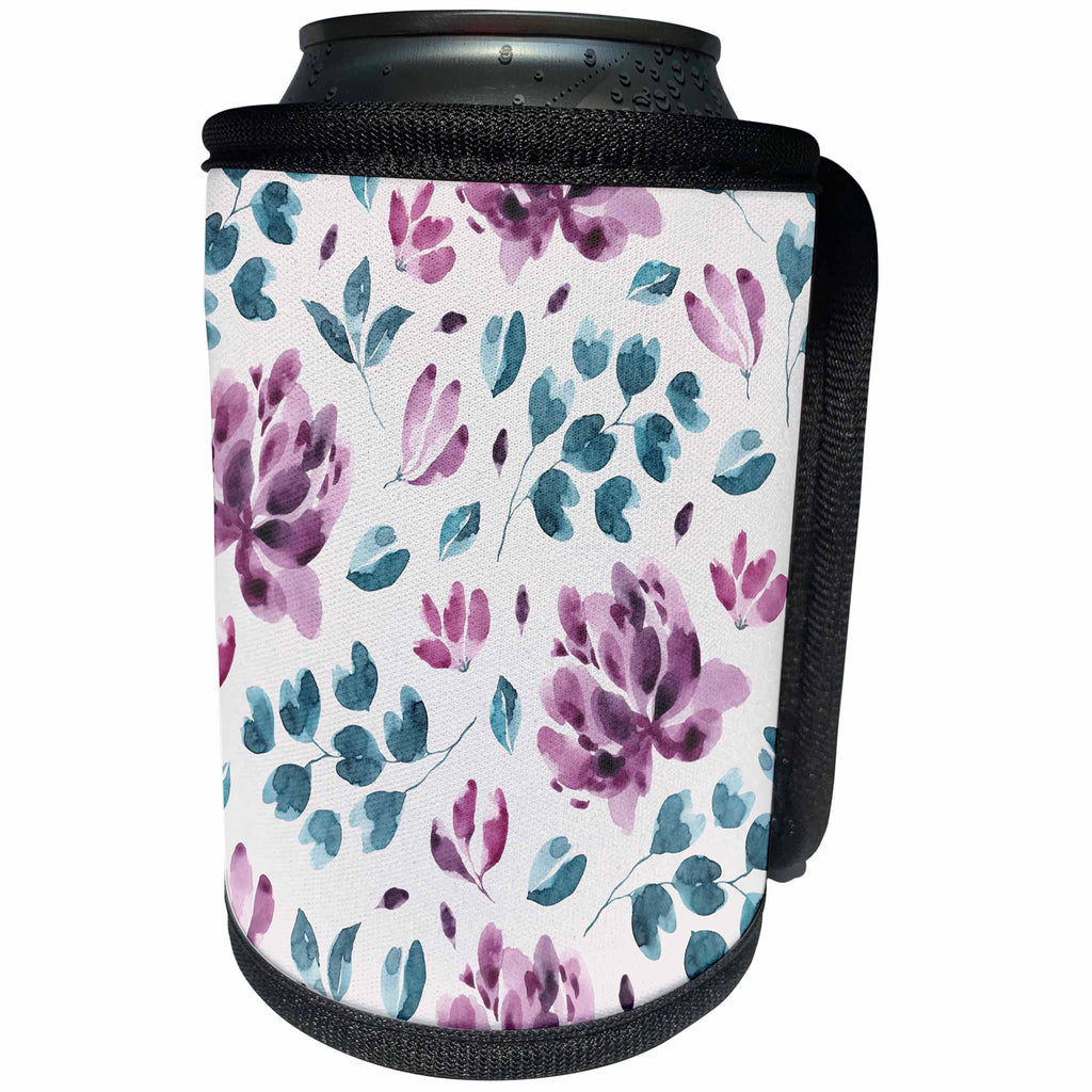 3dRose Anne Marie Baugh - Patterns - Pretty Watercolor Purple and Blue Floral and Leaves On Light Blue - Can Cooler Bottle Wrap (cc_274063)