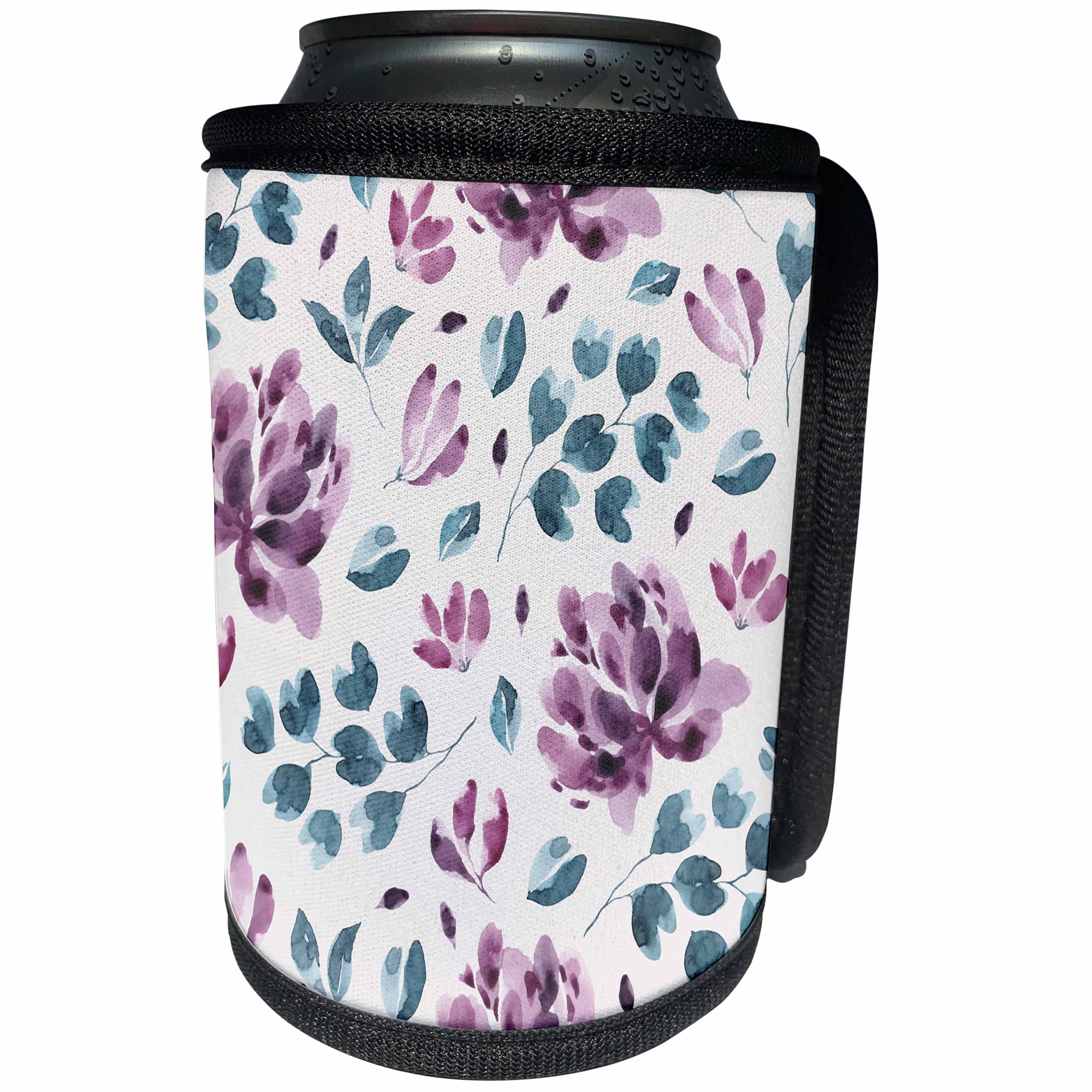 3dRose Anne Marie Baugh - Patterns - Pretty Watercolor Purple and Blue Floral and Leaves On Light Blue - Can Cooler Bottle Wrap (cc_274063)