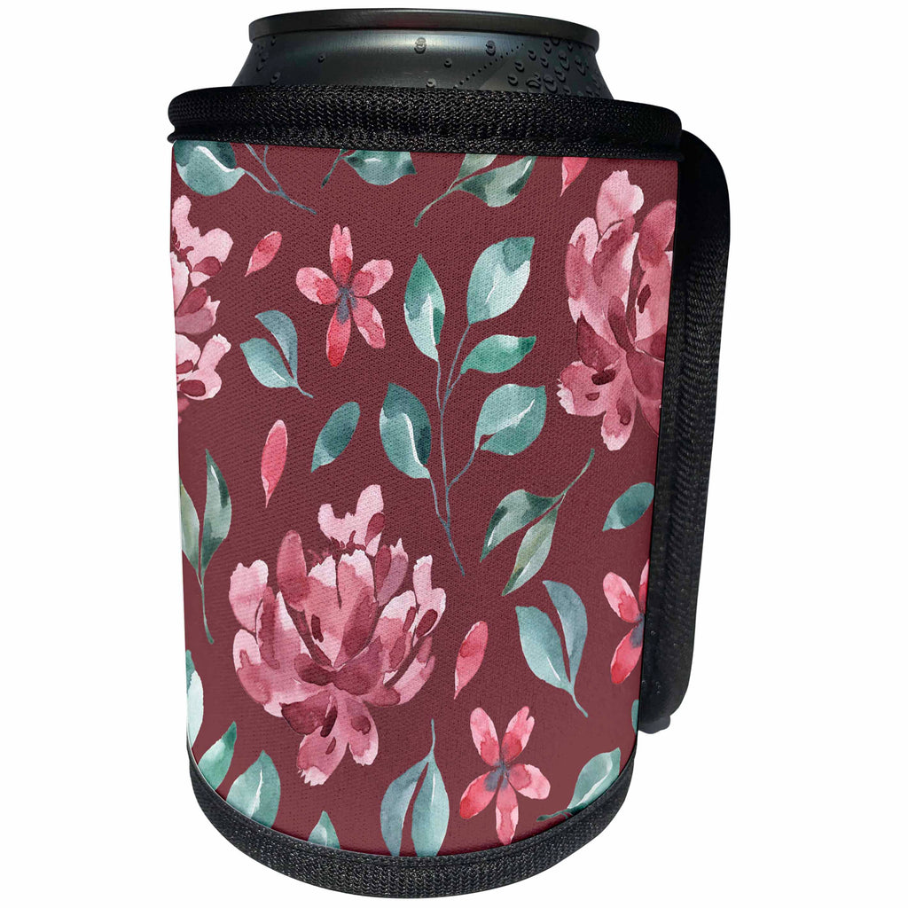 3dRose Anne Marie Baugh - Patterns - Pretty Watercolor Burgundy Flowers and Teal Leaves Pattern - Can Cooler Bottle Wrap (cc_274064)