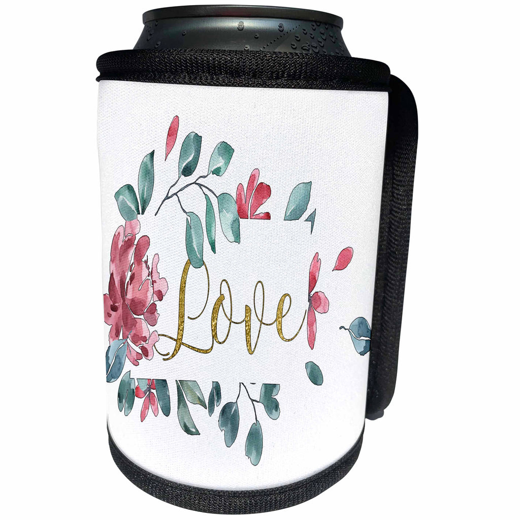 3dRose Anne Marie Baugh - Words and Quotes - Pretty Pink and Blue Floral Frame With A Faux Gold Love In The Middle - Can Cooler Bottle Wrap (cc_274065)