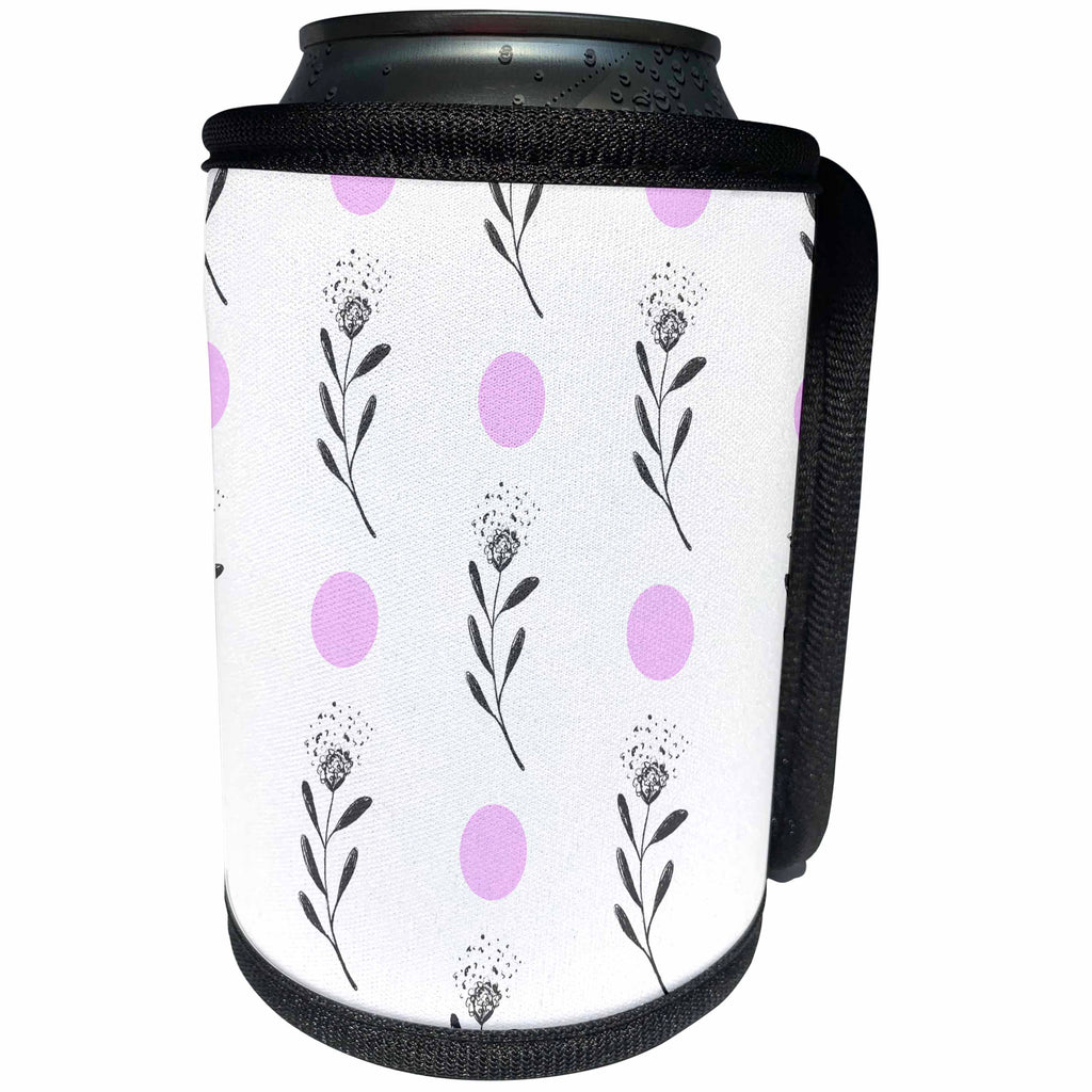 3dRose Anne Marie Baugh - Patterns - Pretty Dandelion Illustrations and Purple Dot Pattern - Can Cooler Bottle Wrap (cc_274070)