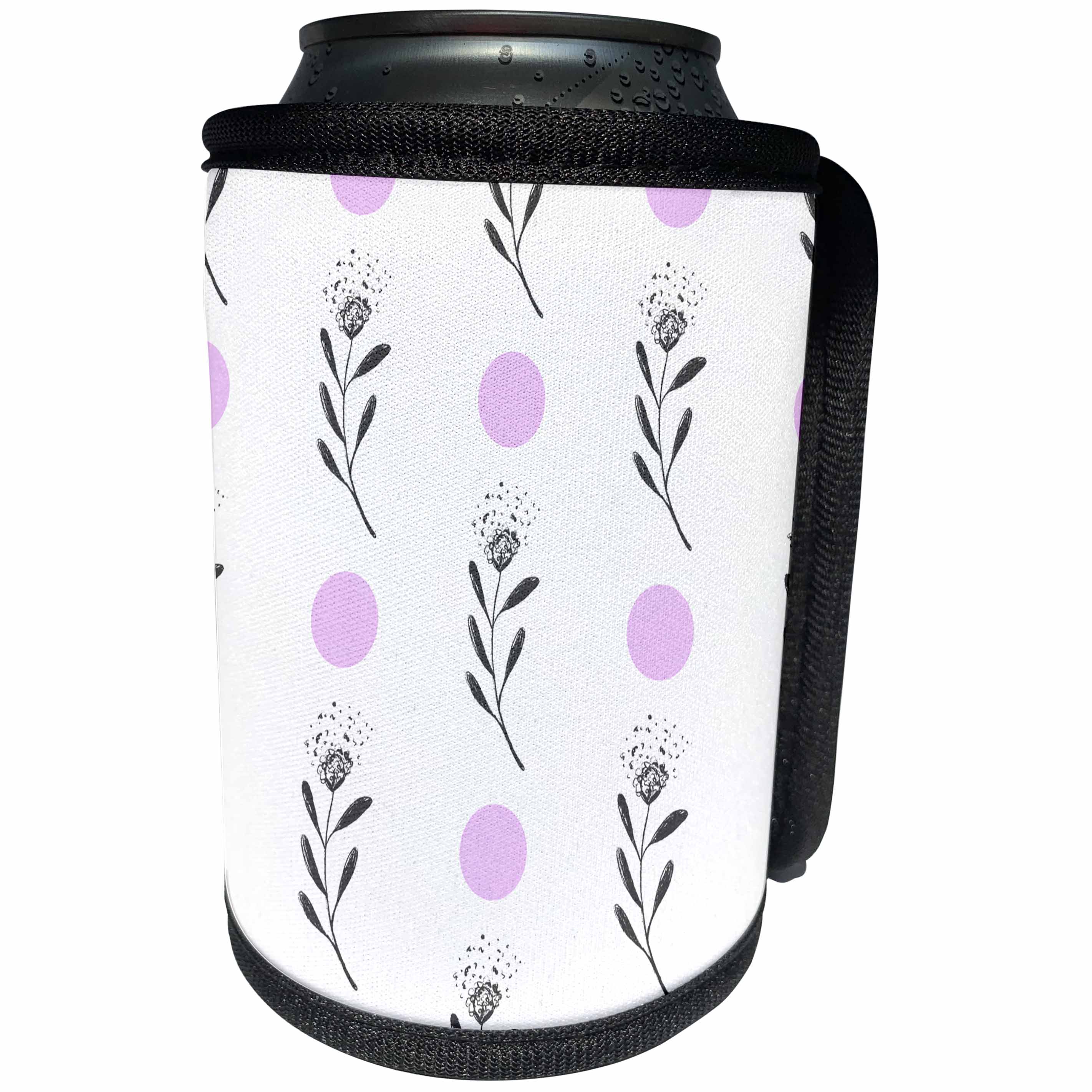 3dRose Anne Marie Baugh - Patterns - Pretty Dandelion Illustrations and Purple Dot Pattern - Can Cooler Bottle Wrap (cc_274070)