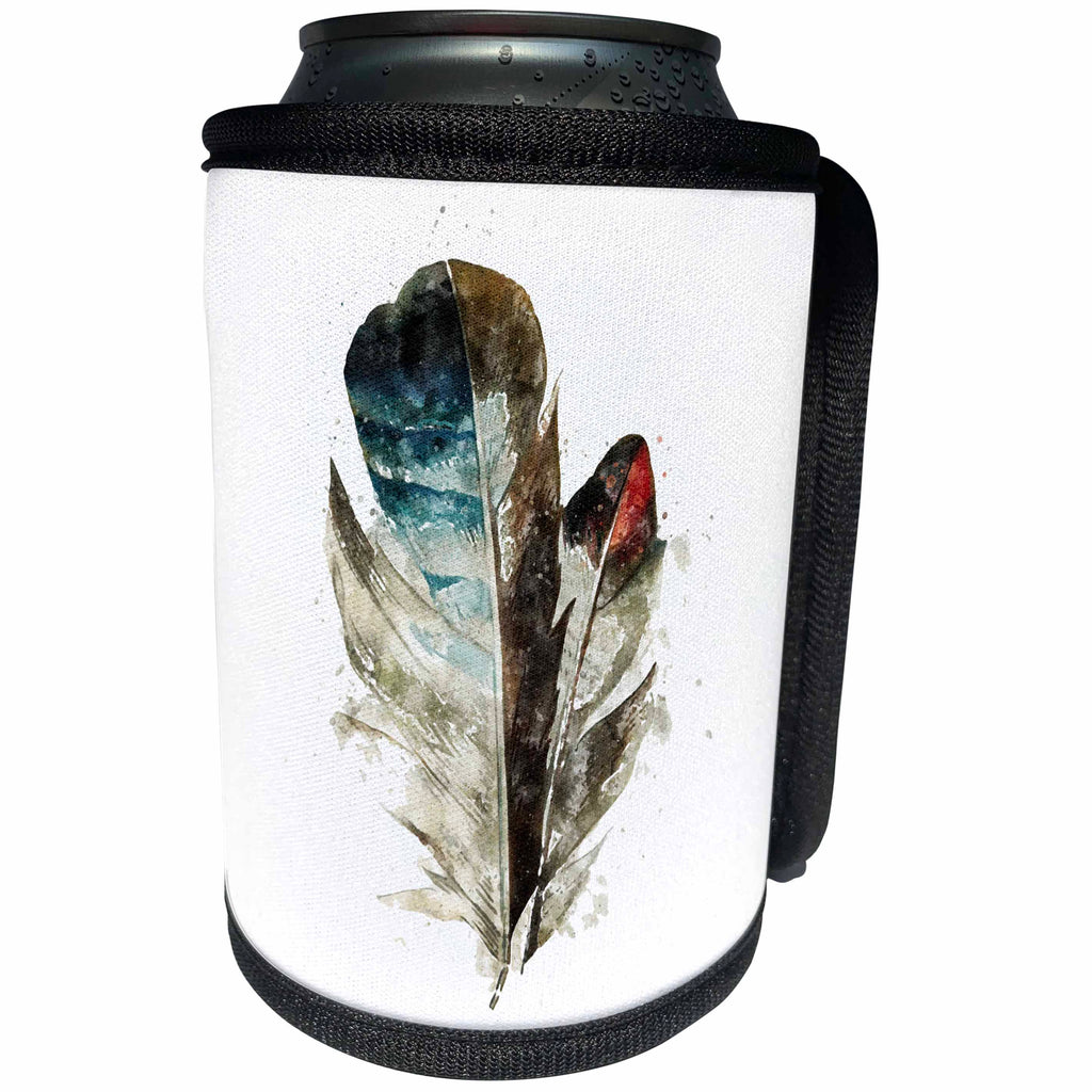 3dRose Anne Marie Baugh - Feathers - Blue, Brown, and Red, Watercolor Feather with Splatter - Can Cooler Bottle Wrap (cc_274074)