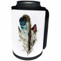 3dRose Anne Marie Baugh - Feathers - Blue, Brown, and Red, Watercolor Feather with Splatter - Can Cooler Bottle Wrap (cc_274074)