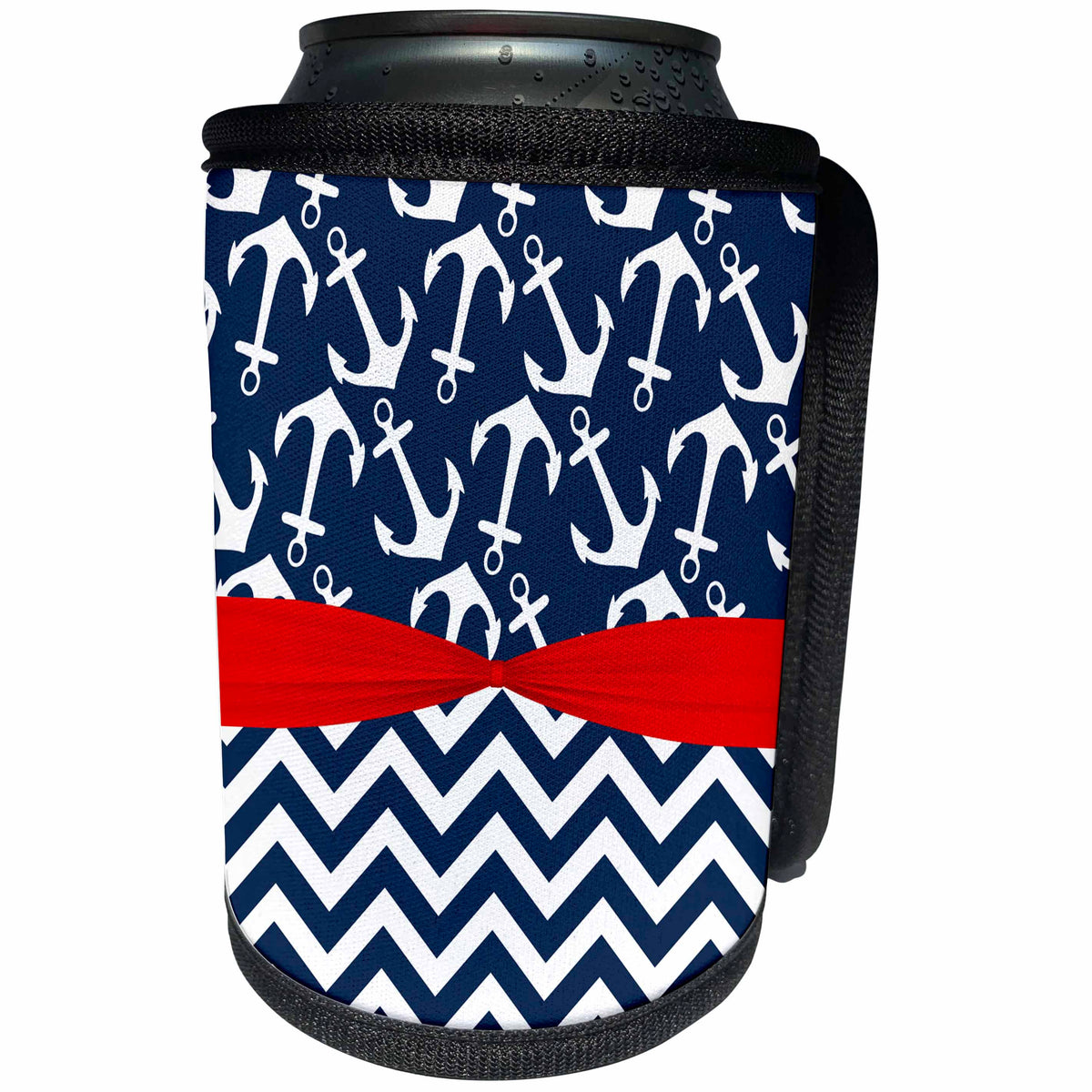3dRose Anne Marie Baugh - Patterns - Cute Blue and White Nautical Sailing Anchors and Chevron Stripes - Can Cooler Bottle Wrap (cc_274076)