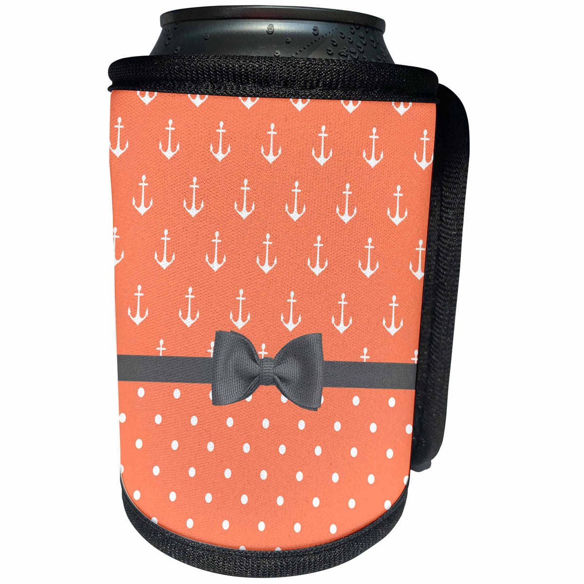 3dRose Anne Marie Baugh - Patterns - Cute Orange and White Polka Dots and Sailing Anchors With A Bow - Can Cooler Bottle Wrap (cc_274079)