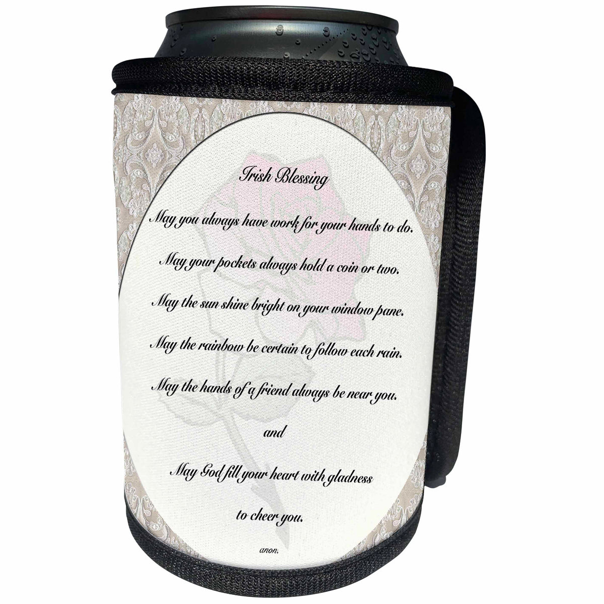 3dRose 777images Digital Paintings Text Art - Irish blessing on pale yellow background with a red rose and laced border - Can Cooler Bottle Wrap (cc_27408)
