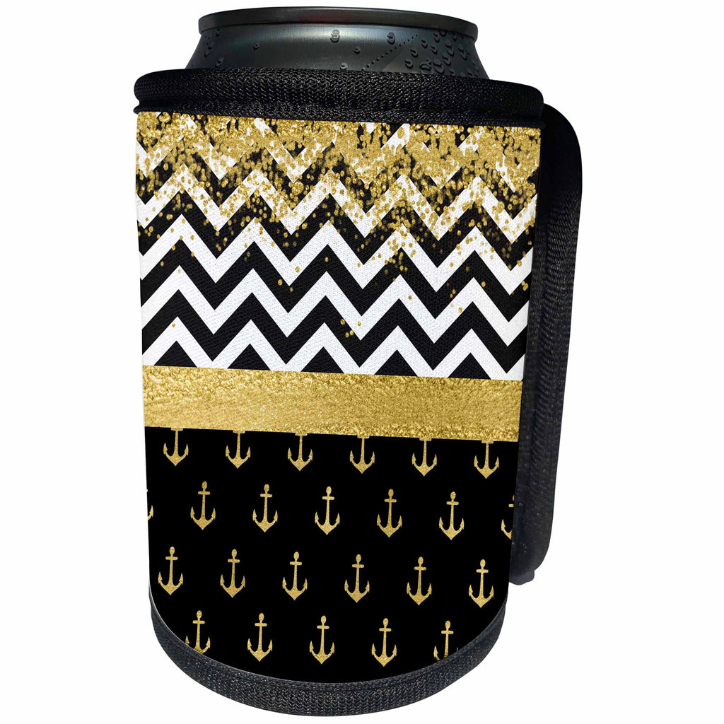 3dRose Anne Marie Baugh - Patterns - Image of Glam Black, White, Gold Faux Glitter Chevron Stripes, Sailing Anchors - Can Cooler Bottle Wrap (cc_274080)
