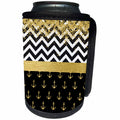 3dRose Anne Marie Baugh - Patterns - Image of Glam Black, White, Gold Faux Glitter Chevron Stripes, Sailing Anchors - Can Cooler Bottle Wrap (cc_274080)