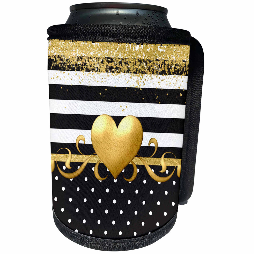 3dRose Anne Marie Baugh - Patterns - Image of Glam Black, White, Gold Glitter Stripes, Polka Dots, Gold Heart - Can Cooler Bottle Wrap (cc_274081)