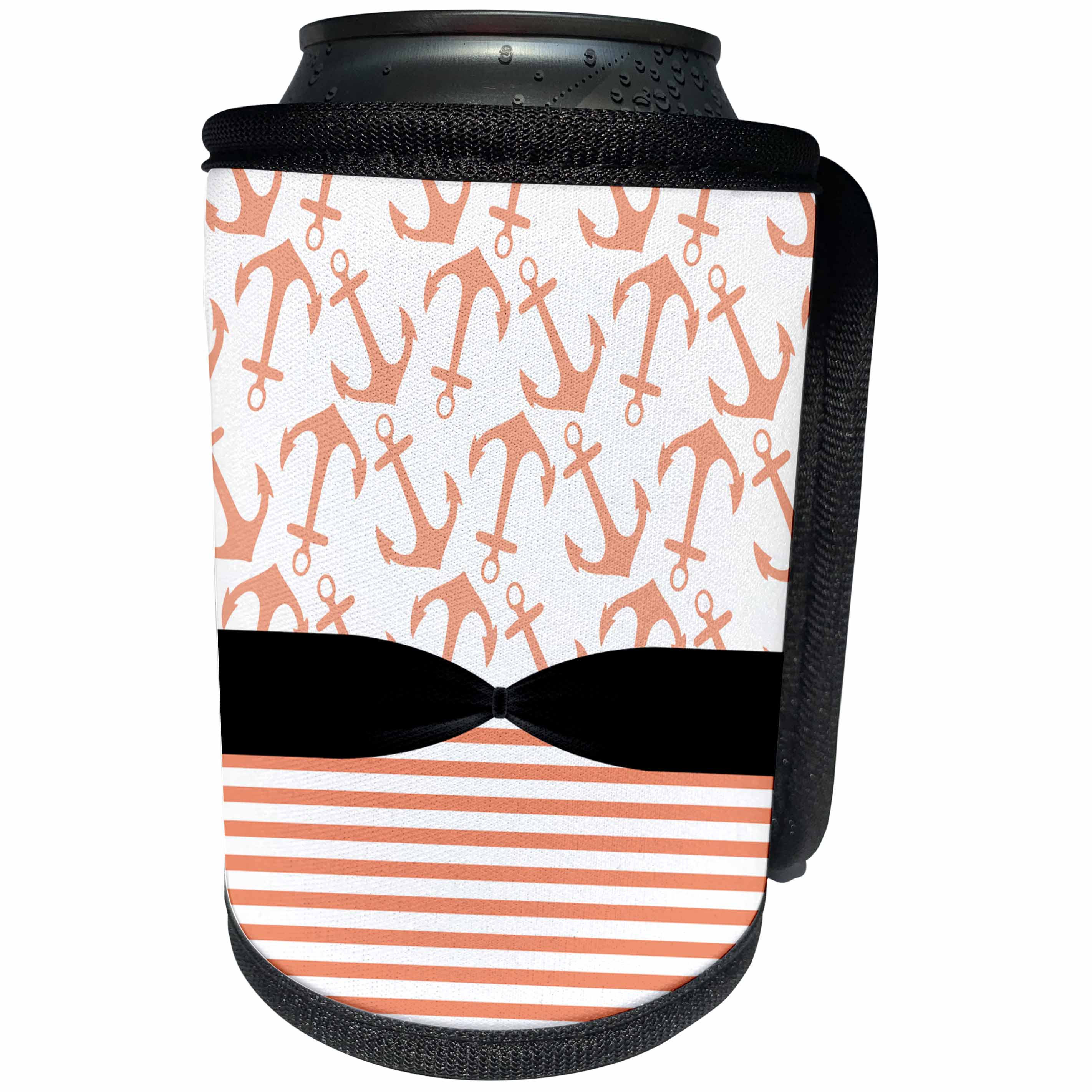 3dRose Anne Marie Baugh - Patterns - Cute Peach Sailing Anchors and Stripes With A Black Ribbon Look - Can Cooler Bottle Wrap (cc_274083)