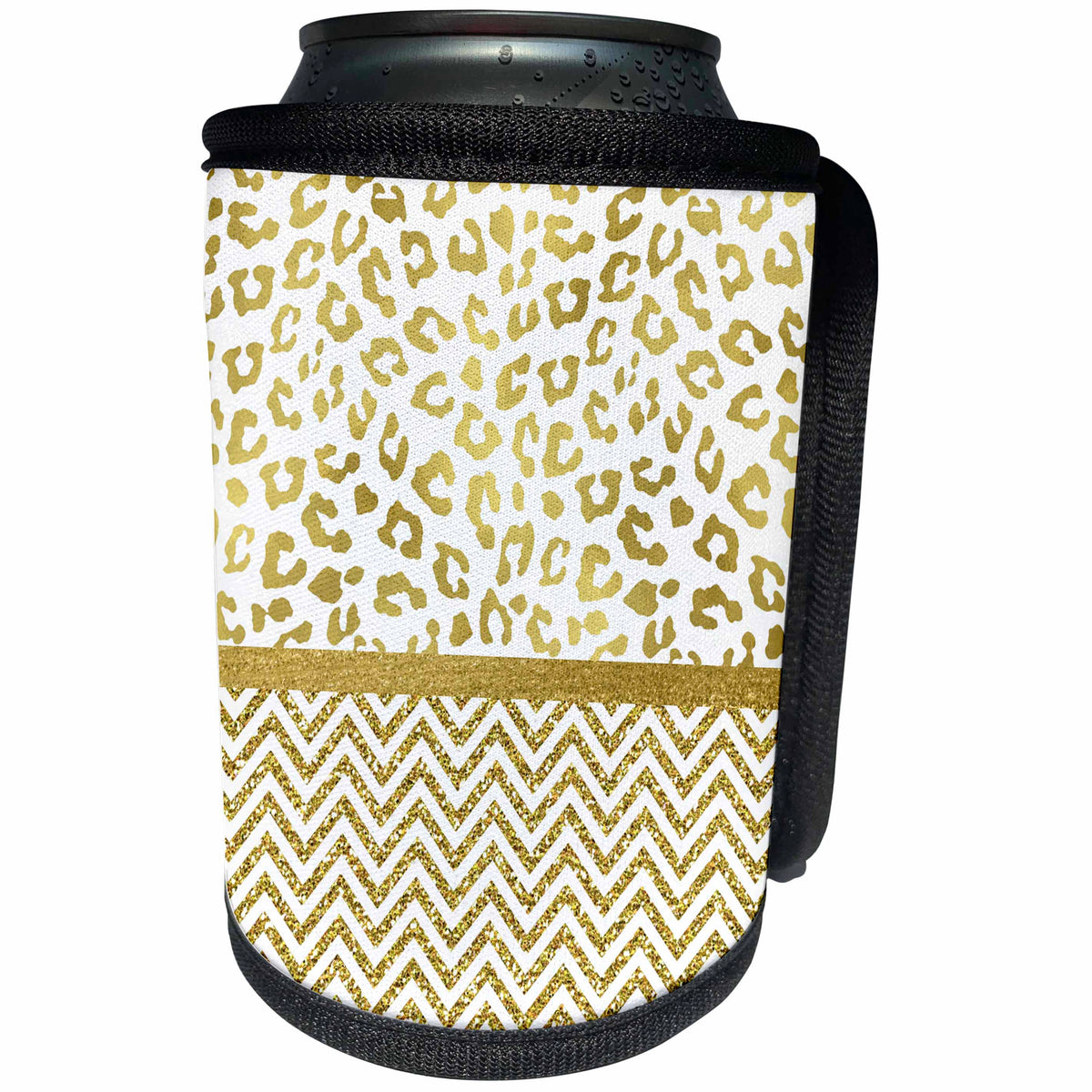 3dRose Anne Marie Baugh - Patterns - Ultra Glam Faux Gold Cheetah Print With Chevron Stripes - Can Cooler Bottle Wrap (cc_274084)