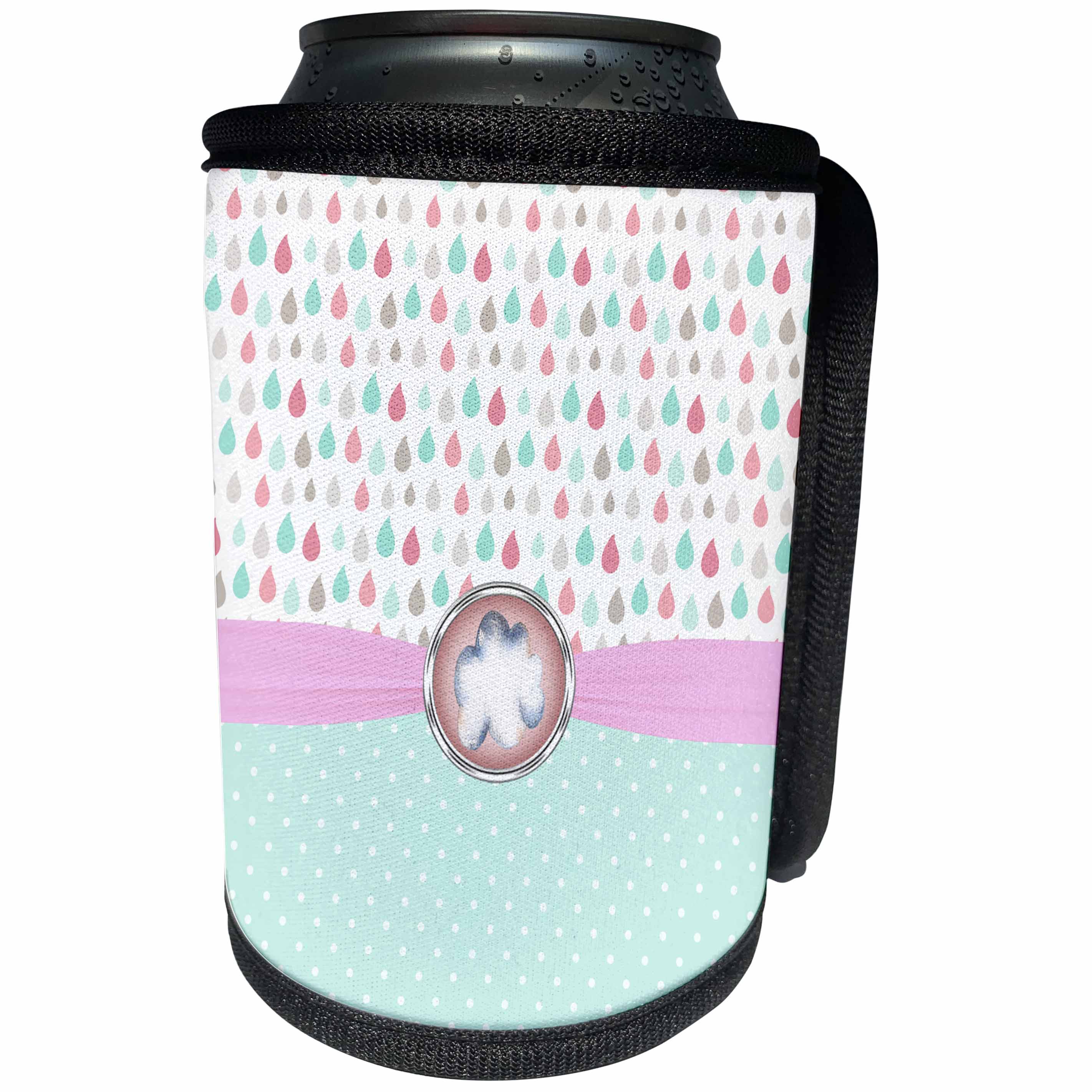 3dRose Anne Marie Baugh - Patterns - Cute Pink, Blue, Gray Rain Drops and Polka Dots With A Cloud Center - Can Cooler Bottle Wrap (cc_274086)