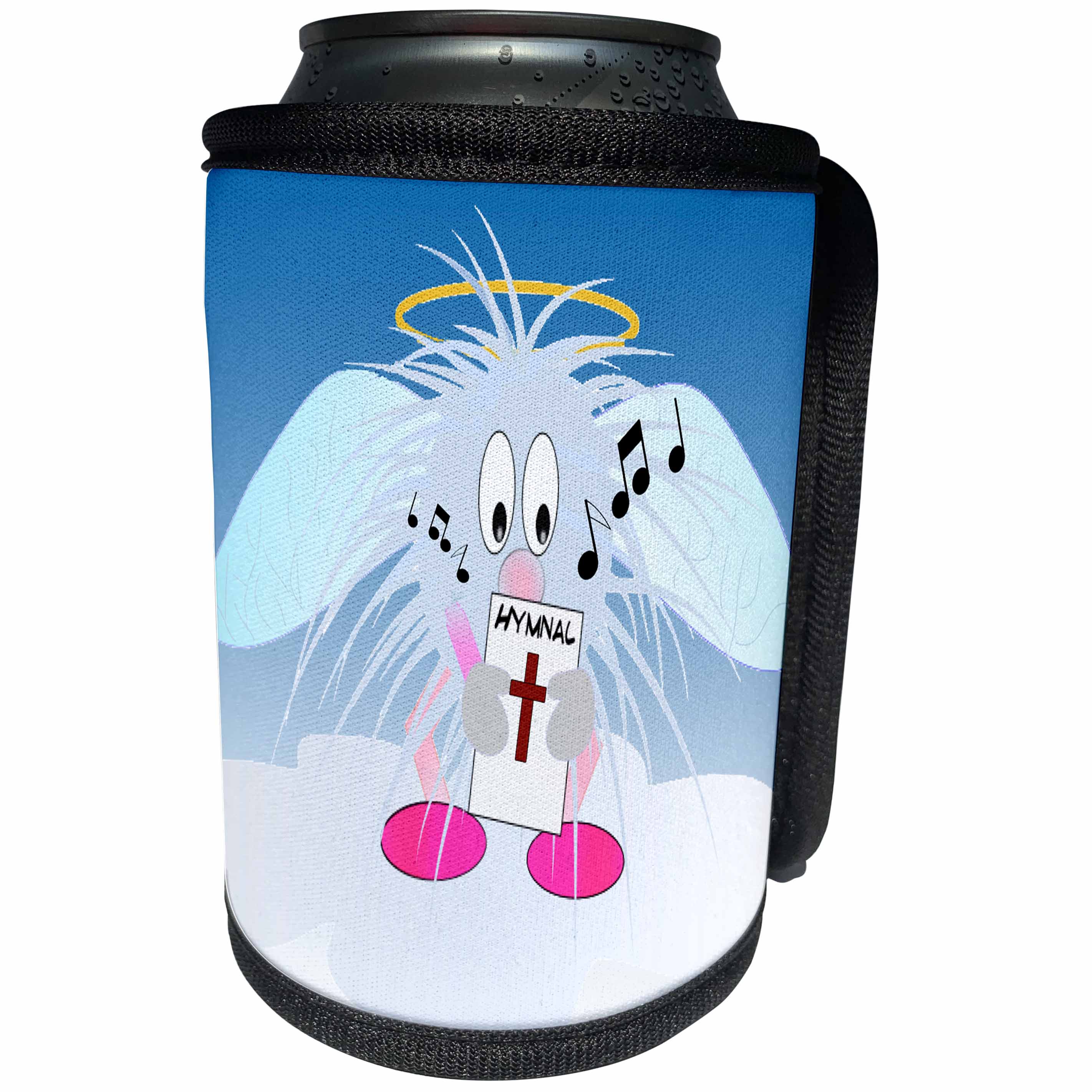 3dRose 777images Designs Cartoons - Hairy angel cartoon on a cloud with a hymnal - Can Cooler Bottle Wrap (cc_27409)