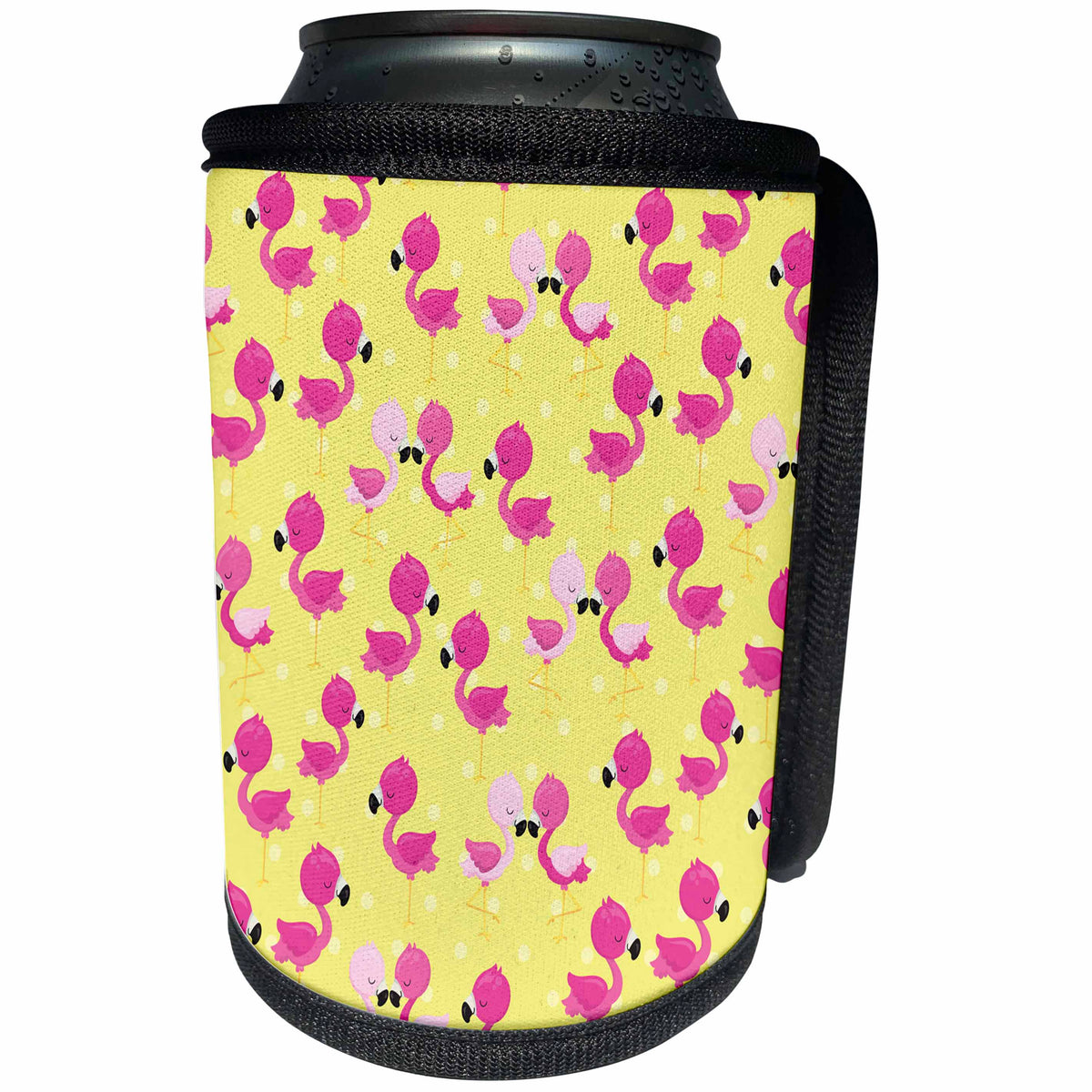 3dRose Anne Marie Baugh - Patterns - Cute Pink Flamingos On A Bright Yellow Polka Dot Background - Can Cooler Bottle Wrap (cc_274096)