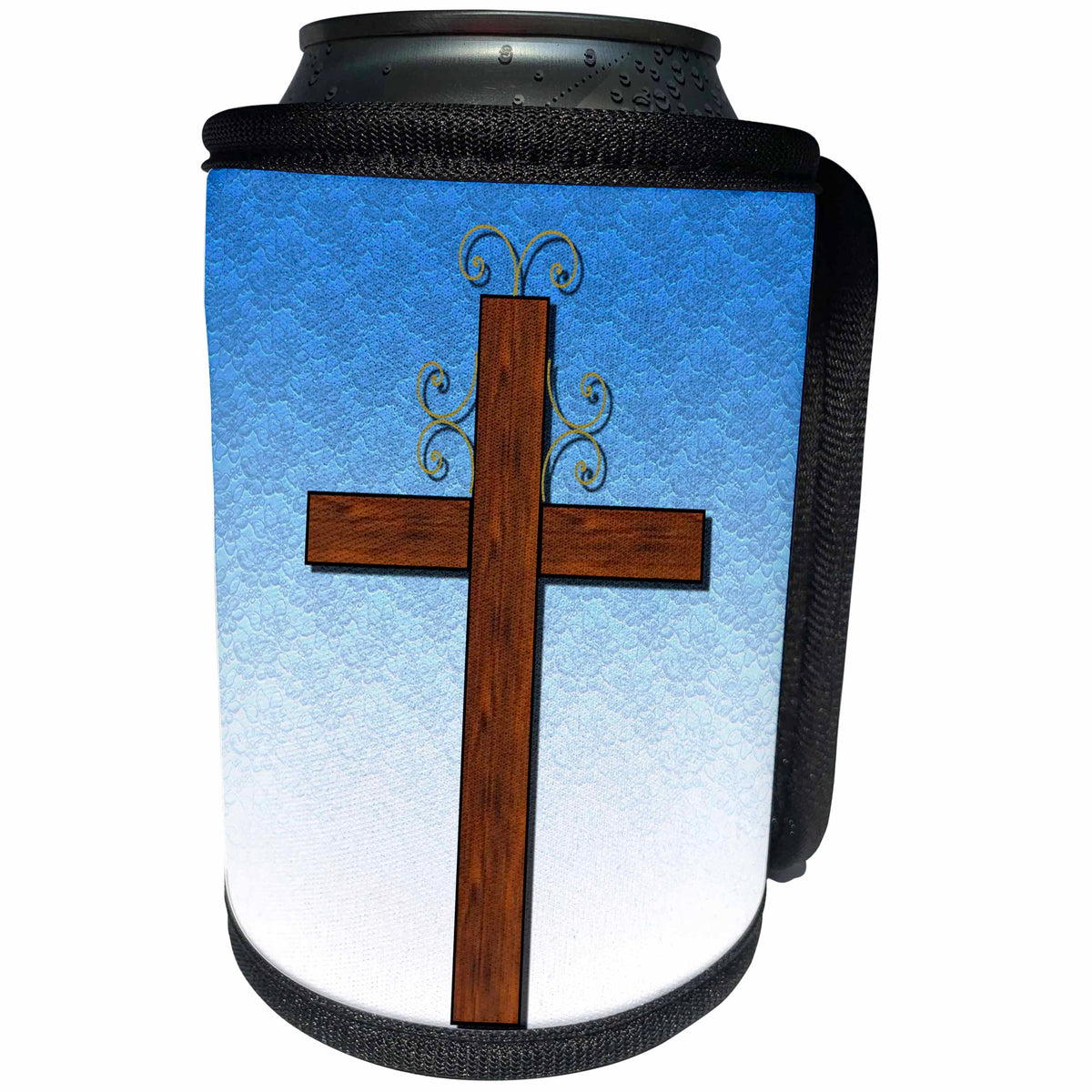 3dRose 777images Designs Christian - Simple wooden cross on a blue gradient and lace background - Can Cooler Bottle Wrap (cc_27410)