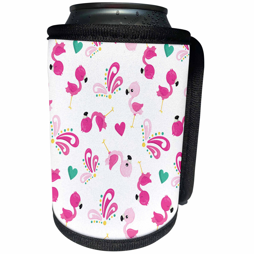 3dRose Anne Marie Baugh - Patterns - Cute Pink Flamingos and Flourishes With Hearts Pattern - Can Cooler Bottle Wrap (cc_274100)