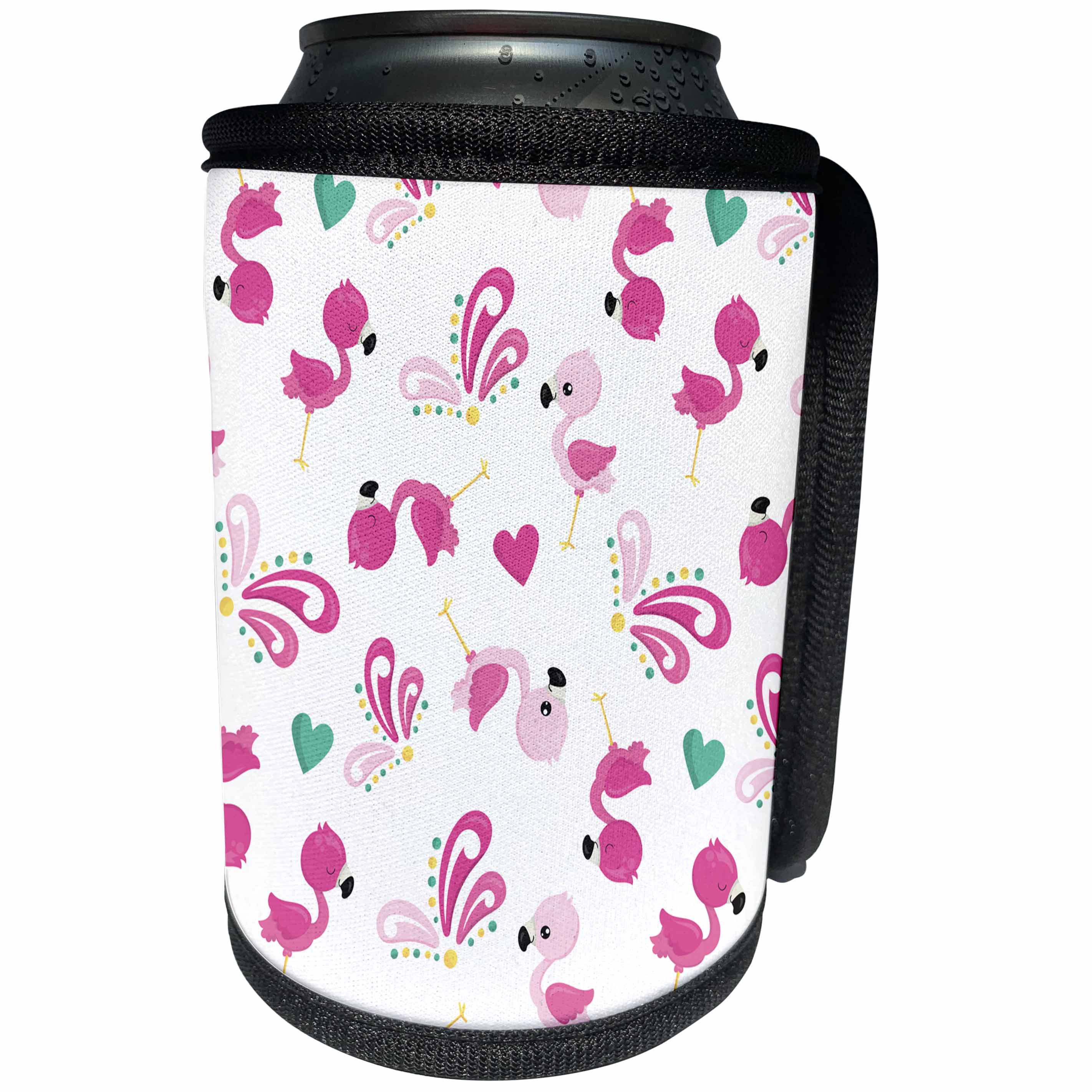 3dRose Anne Marie Baugh - Patterns - Cute Pink Flamingos and Flourishes With Hearts Pattern - Can Cooler Bottle Wrap (cc_274100)