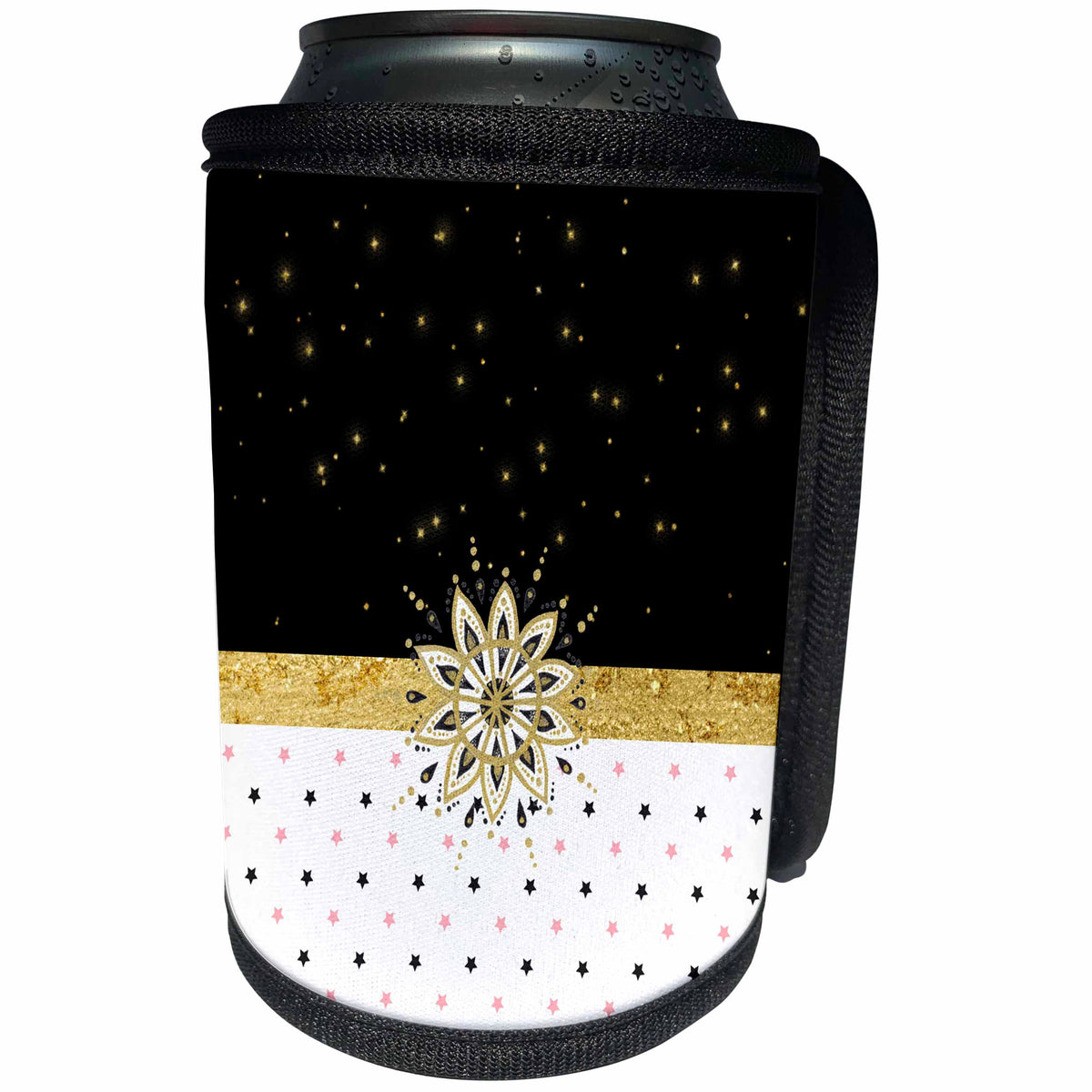3dRose Anne Marie Baugh - Patterns - Pretty Faux Gold and Pink Stars With A Fancy Gold Star Center - Can Cooler Bottle Wrap (cc_274104)