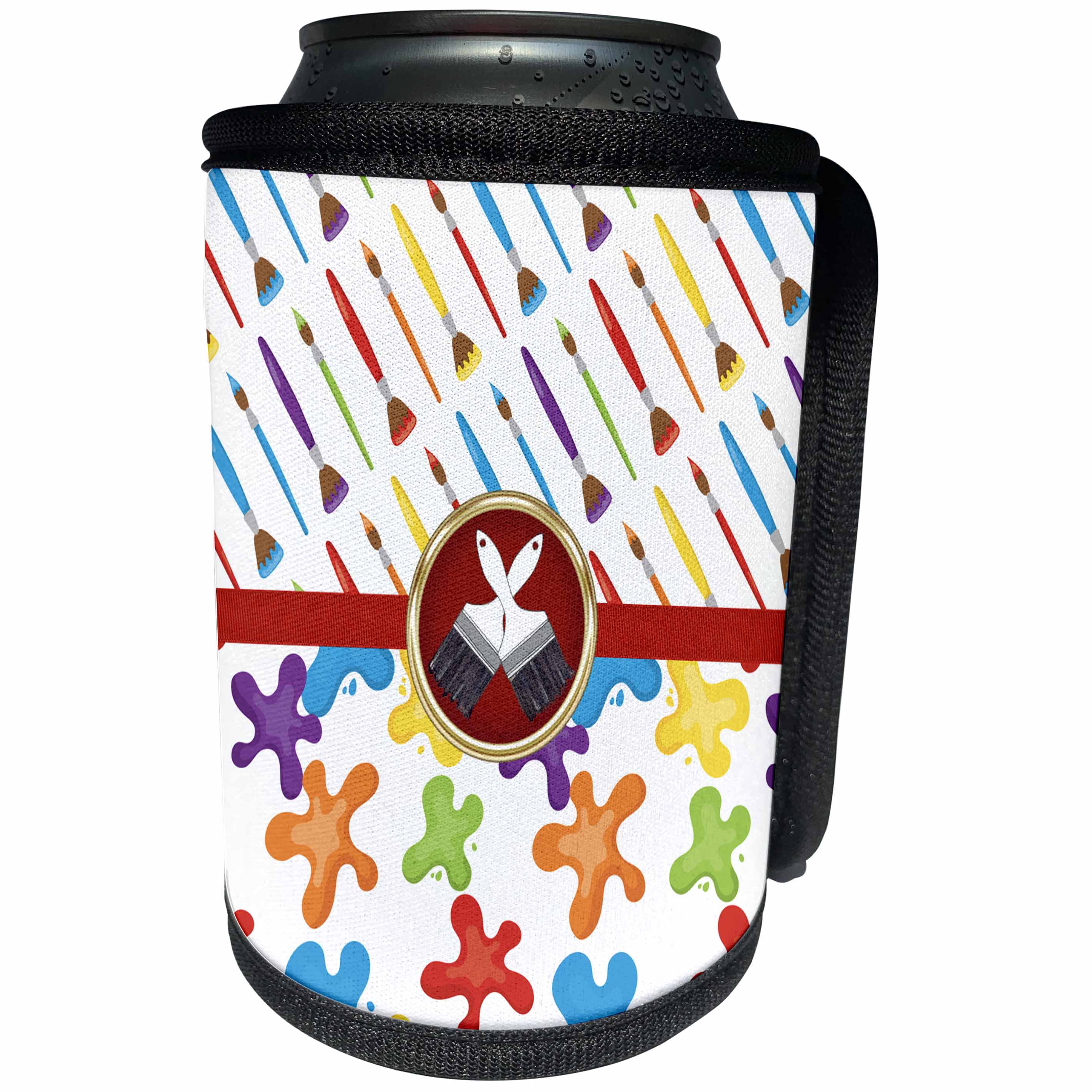 3dRose Anne Marie Baugh - Patterns - Artist Paint Brushes Over Paint Plats In Primary Colors - Can Cooler Bottle Wrap (cc_274117)