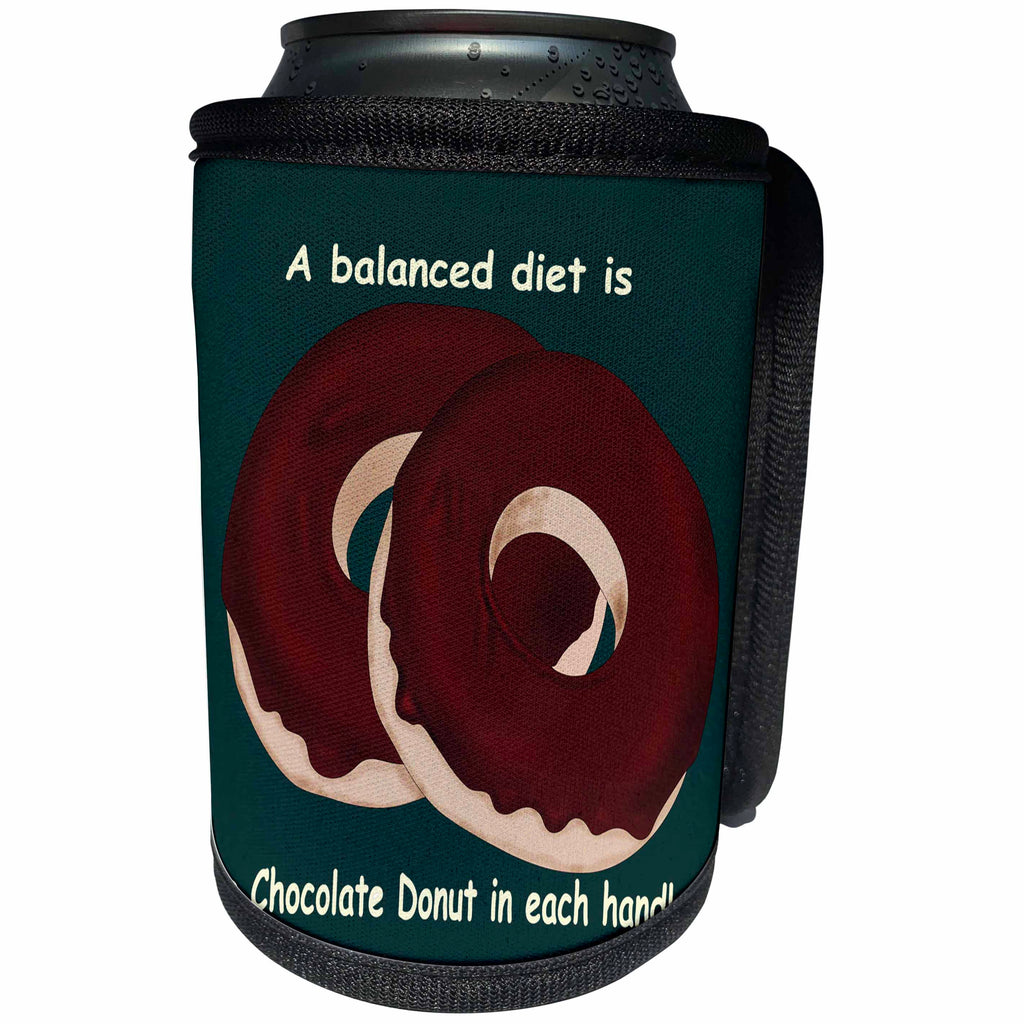 3dRose 777images Designs Cartoons - A Balanced Meal a Chocolate Donut in each hand - Can Cooler Bottle Wrap (cc_27413)