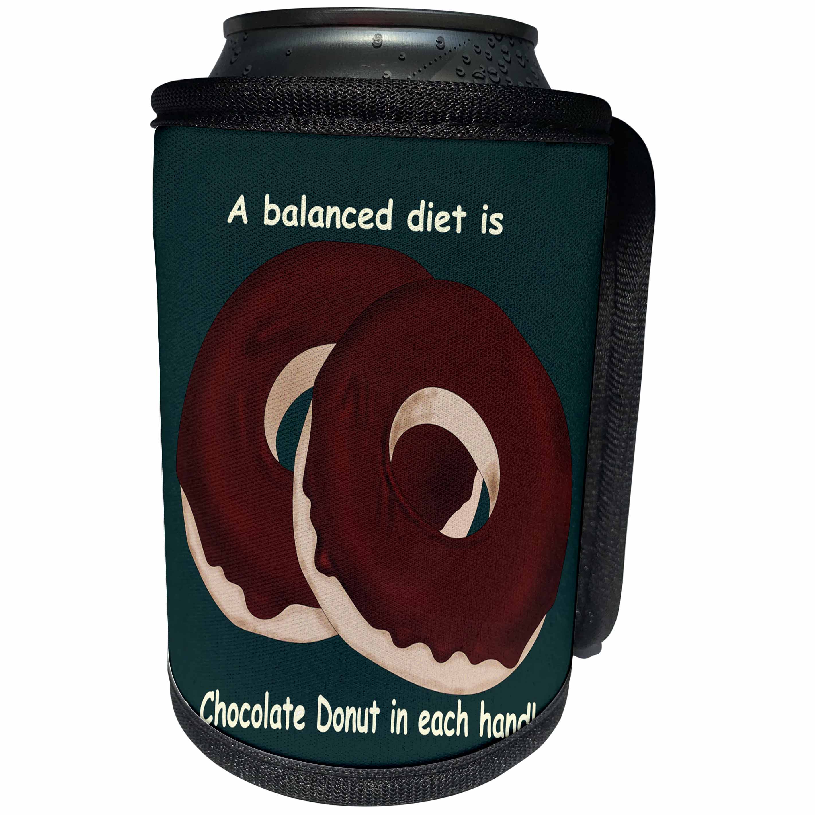 3dRose 777images Designs Cartoons - A Balanced Meal a Chocolate Donut in each hand - Can Cooler Bottle Wrap (cc_27413)