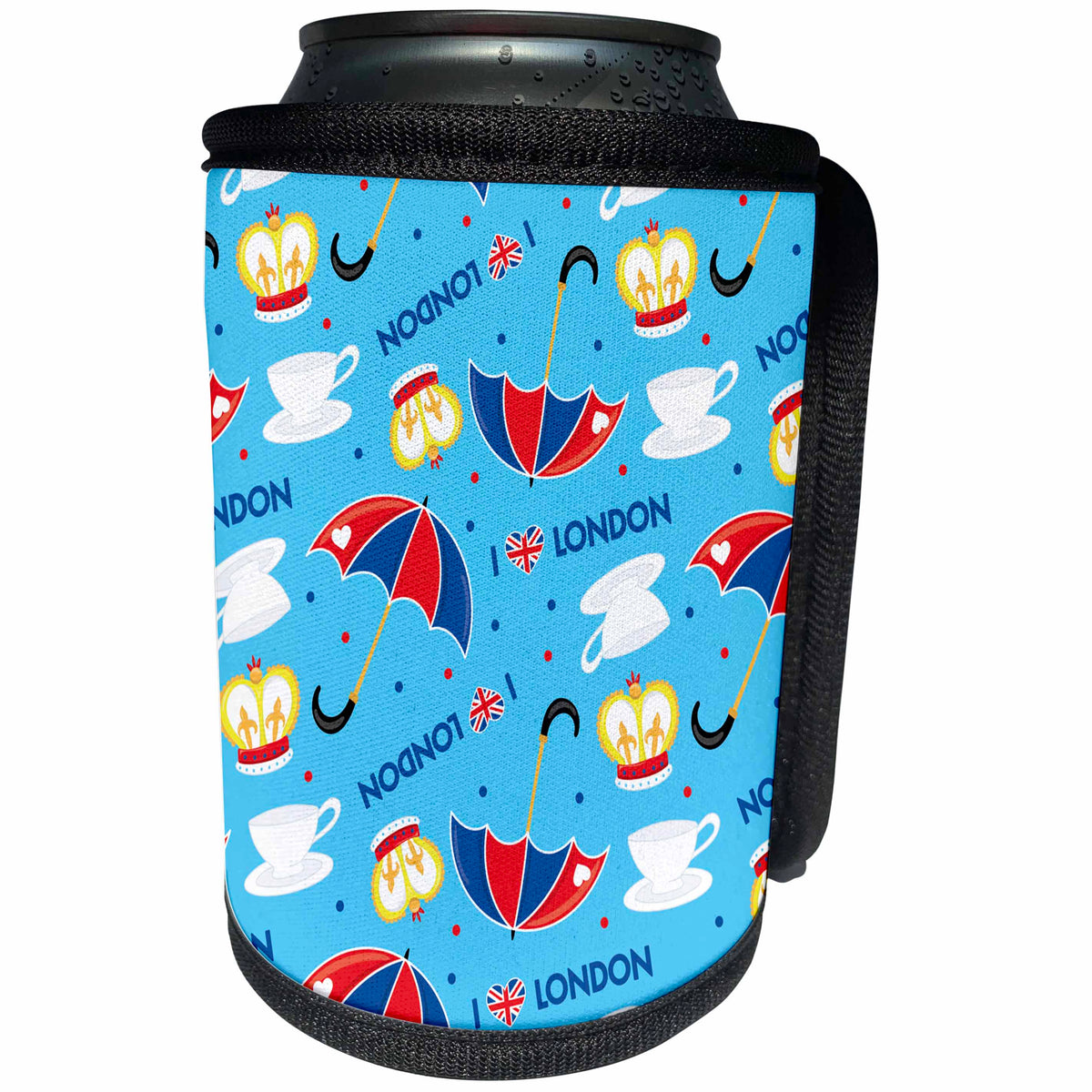 3dRose Anne Marie Baugh - Patterns - Cute London Pattern with Hearts, Umbrellas, Tea, and Crowns - Can Cooler Bottle Wrap (cc_274133)