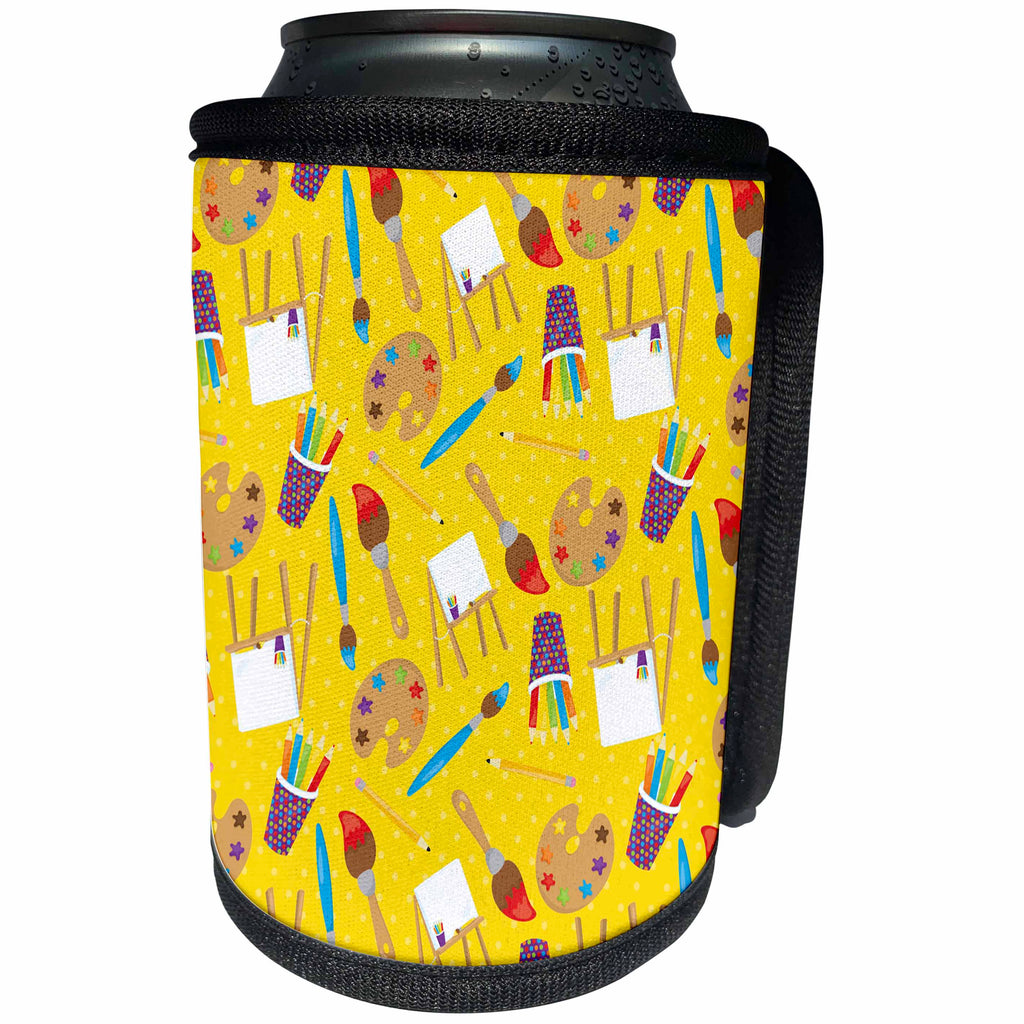 3dRose Anne Marie Baugh - Patterns - Cute Artist Pallets, Brushes, Easels, and Color Pencils Pattern - Can Cooler Bottle Wrap (cc_274134)