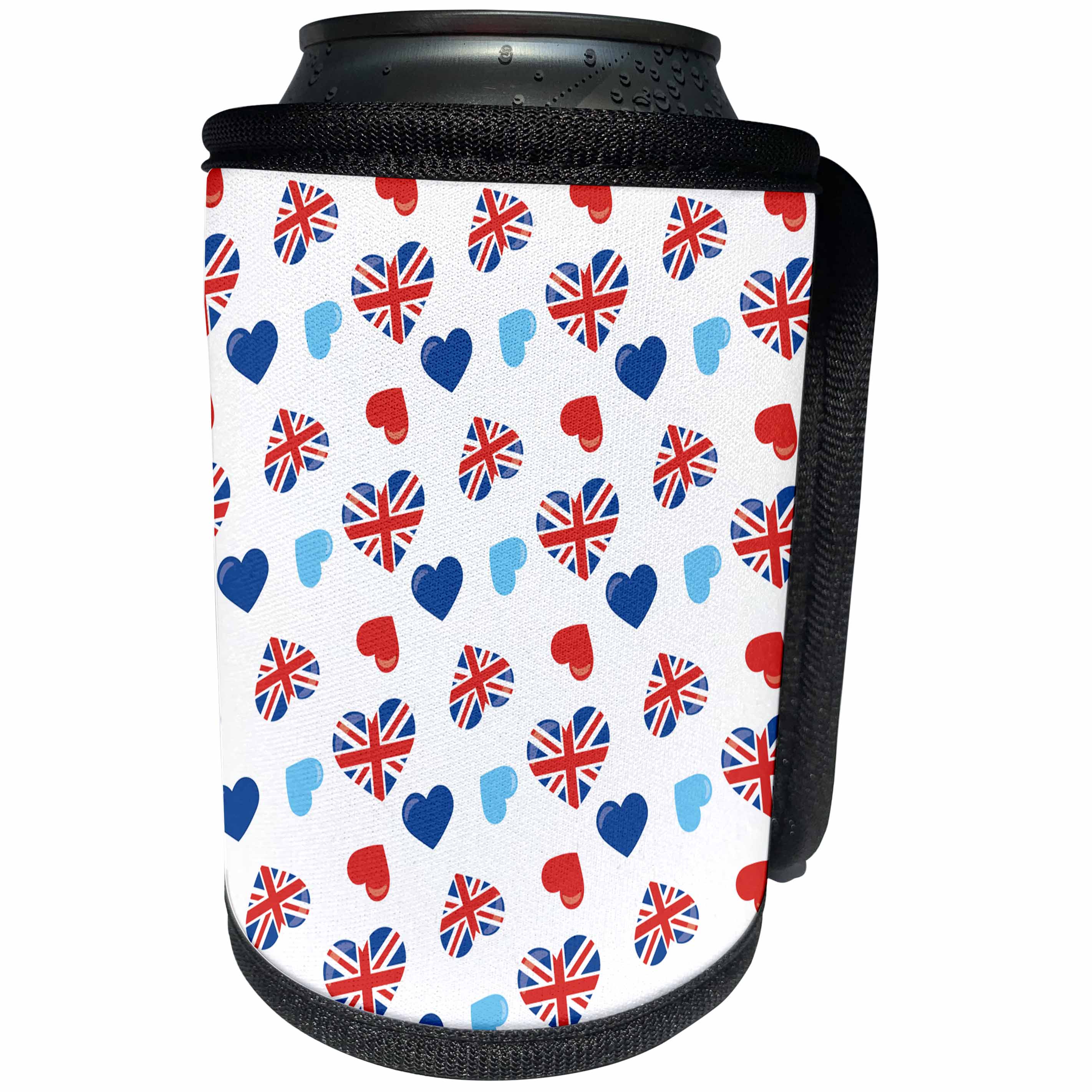 3dRose Anne Marie Baugh - Patterns - Cute England Patterned Hearts In Red, Blue, and White Pattern - Can Cooler Bottle Wrap (cc_274135)