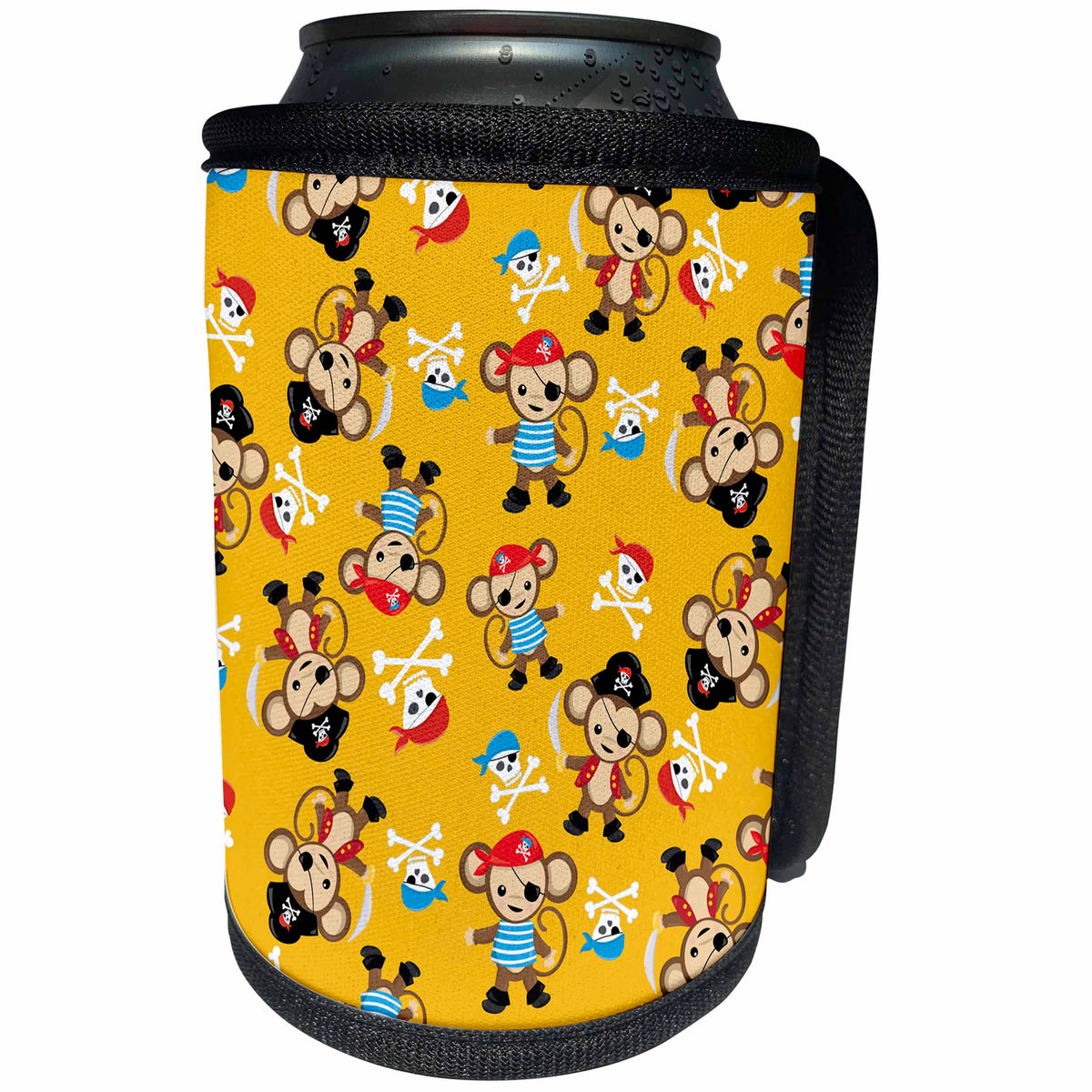 3dRose Anne Marie Baugh - Patterns - Cute Pirate Monkeys and Cross Skulls Pattern On Yellow - Can Cooler Bottle Wrap (cc_274138)