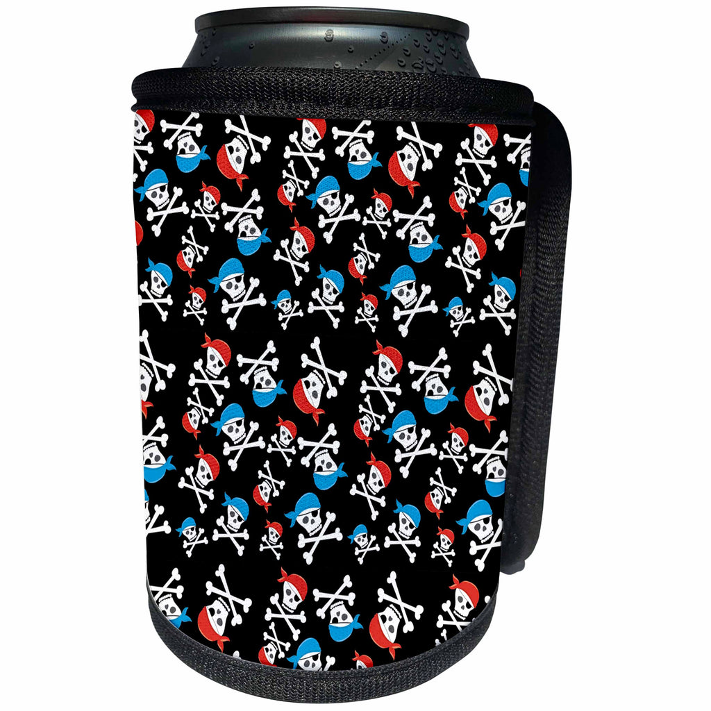 3dRose Anne Marie Baugh - Patterns - Cute Pirate Cross Skulls On A Black Background Pattern - Can Cooler Bottle Wrap (cc_274142)