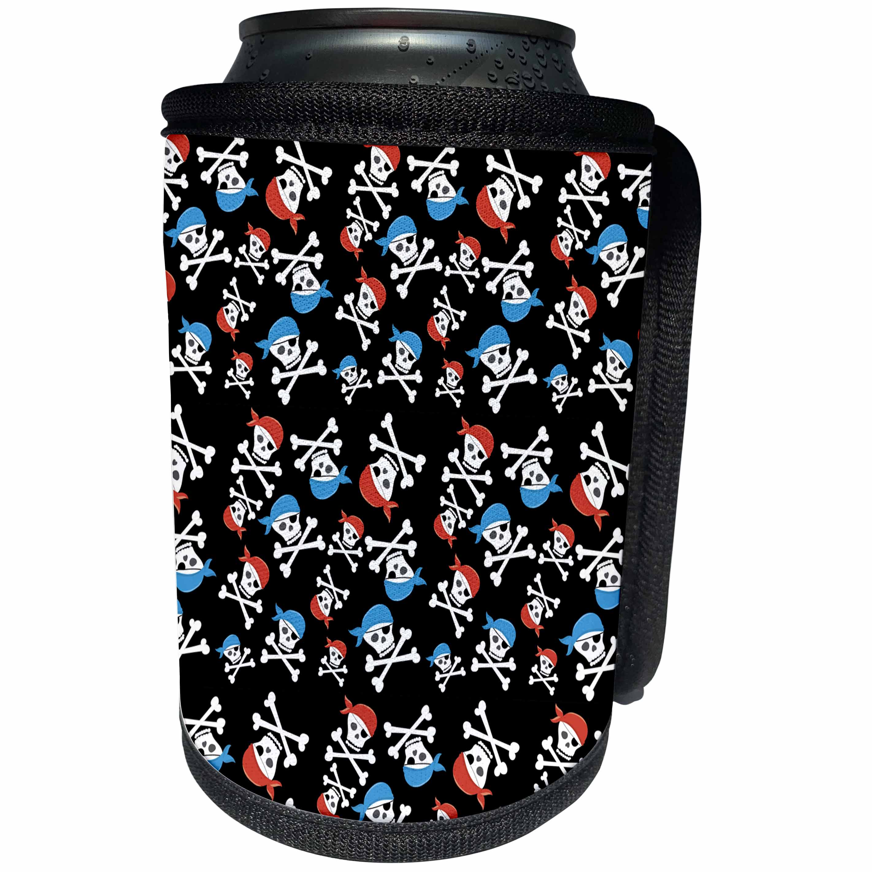 3dRose Anne Marie Baugh - Patterns - Cute Pirate Cross Skulls On A Black Background Pattern - Can Cooler Bottle Wrap (cc_274142)