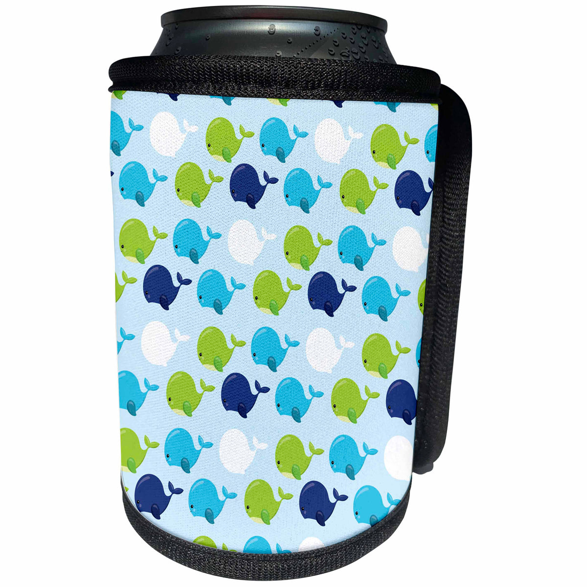 3dRose Anne Marie Baugh - Patterns - Cute Green, Blue, and White Whale Pattern - Can Cooler Bottle Wrap (cc_274147)