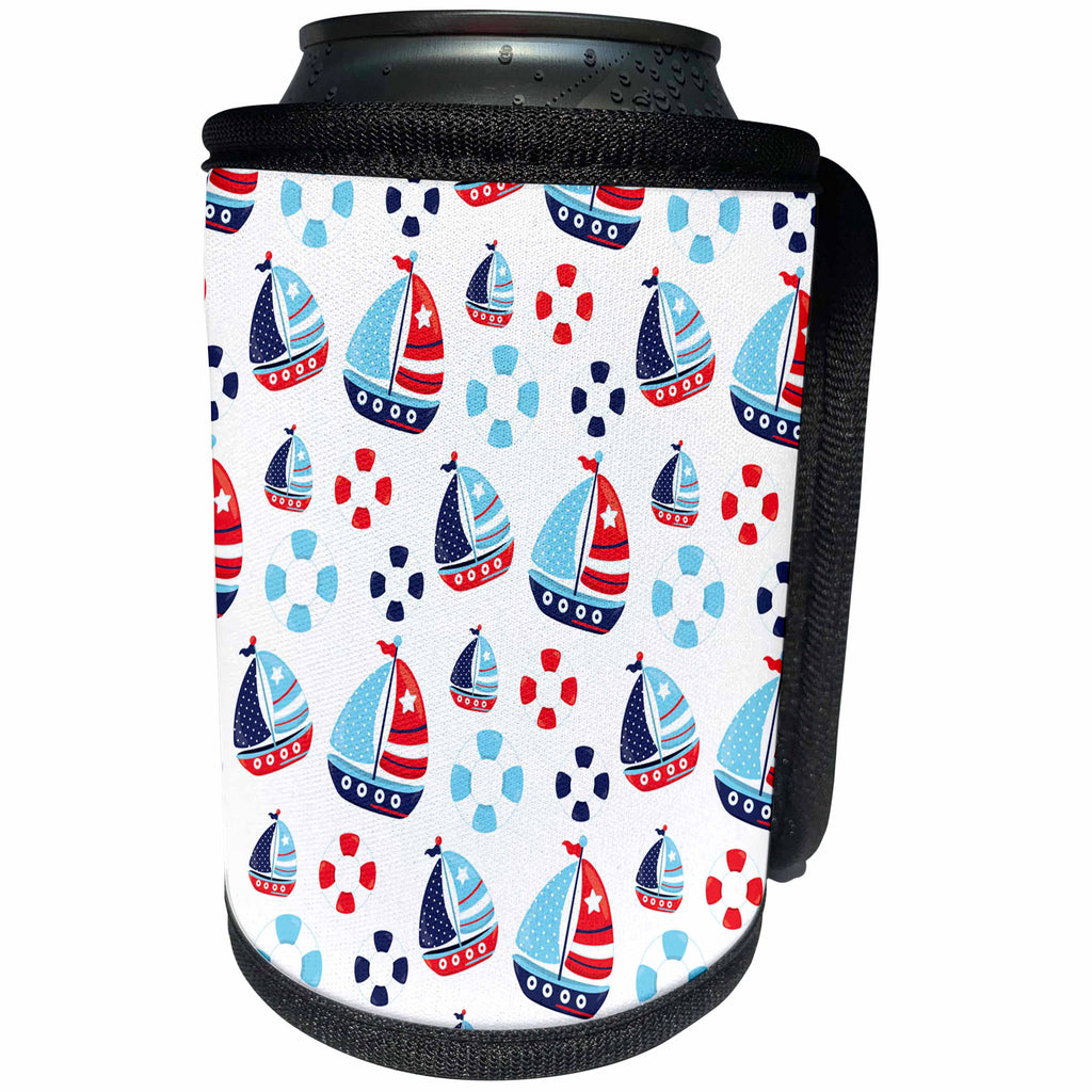3dRose Anne Marie Baugh - Patterns - Cute Red, White, Blue Sail Boats and Life Preservers - Can Cooler Bottle Wrap (cc_274151)