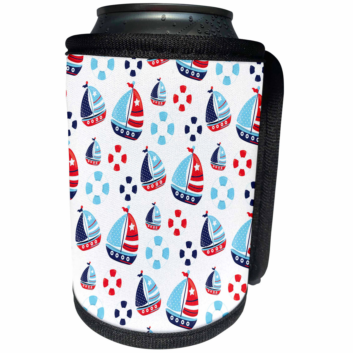3dRose Anne Marie Baugh - Patterns - Cute Red, White, Blue Sail Boats and Life Preservers - Can Cooler Bottle Wrap (cc_274151)