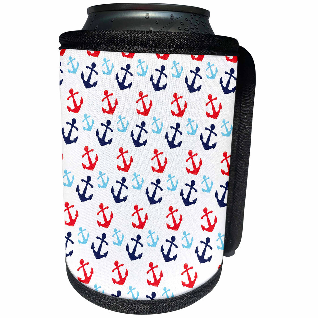 3dRose Anne Marie Baugh - Patterns - Cute Red, White, Blue Sailing Anchors Pattern - Can Cooler Bottle Wrap (cc_274153)