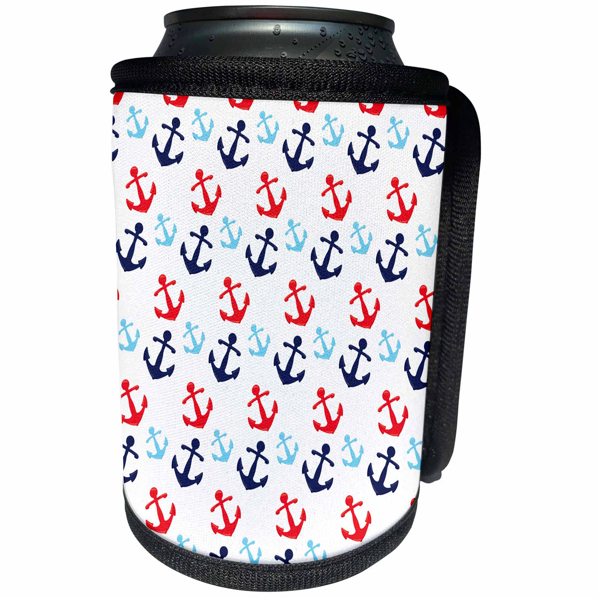 3dRose Anne Marie Baugh - Patterns - Cute Red, White, Blue Sailing Anchors Pattern - Can Cooler Bottle Wrap (cc_274153)