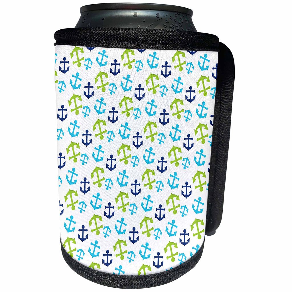 3dRose Anne Marie Baugh - Patterns - Cute Dark Blue, Light Blue, and Green Sailing Anchors Pattern - Can Cooler Bottle Wrap (cc_274154)