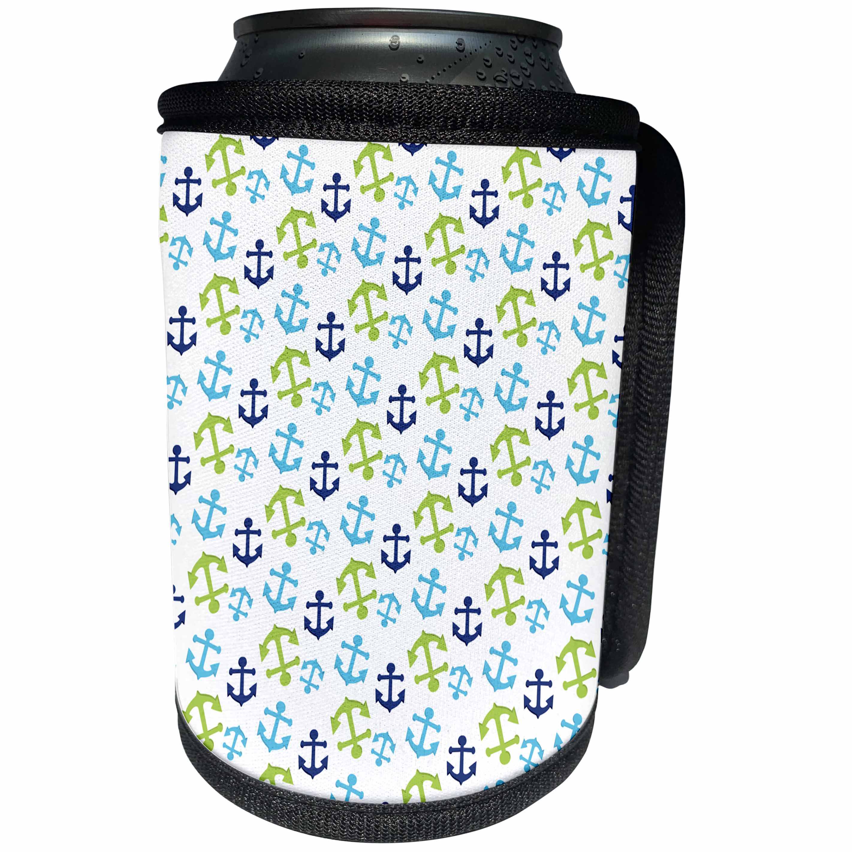 3dRose Anne Marie Baugh - Patterns - Cute Dark Blue, Light Blue, and Green Sailing Anchors Pattern - Can Cooler Bottle Wrap (cc_274154)