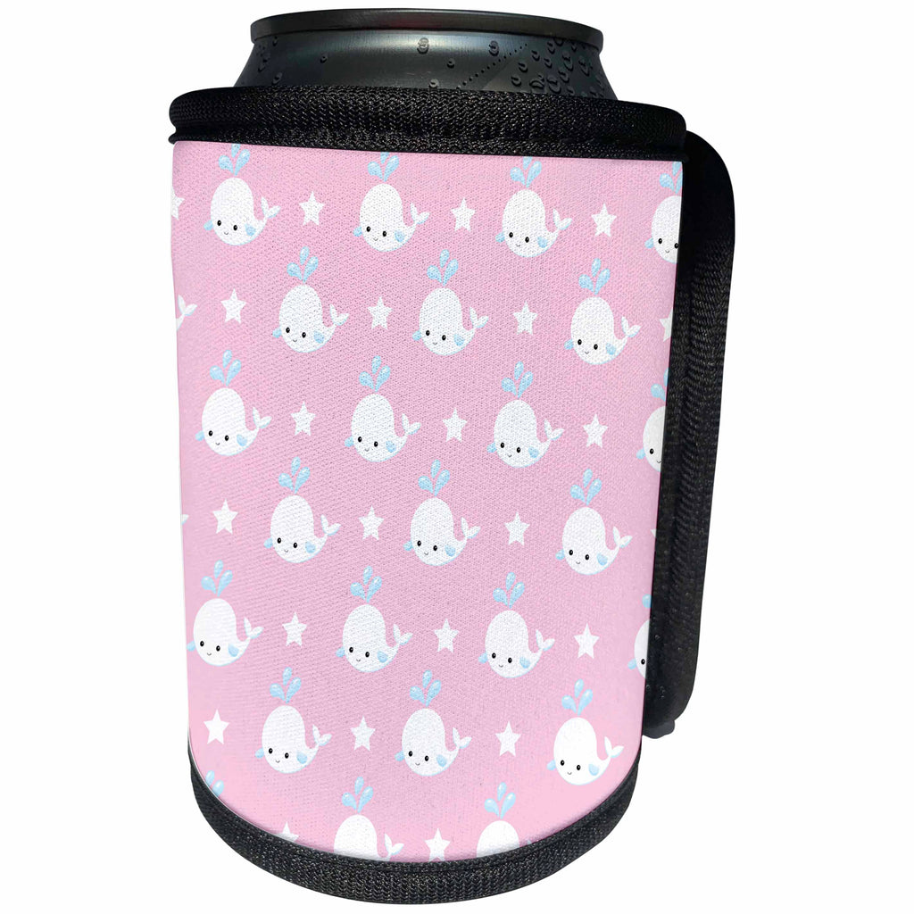 3dRose Anne Marie Baugh - Patterns - Cute Spouting White and Blue Whales On Pink Pattern - Can Cooler Bottle Wrap (cc_274157)