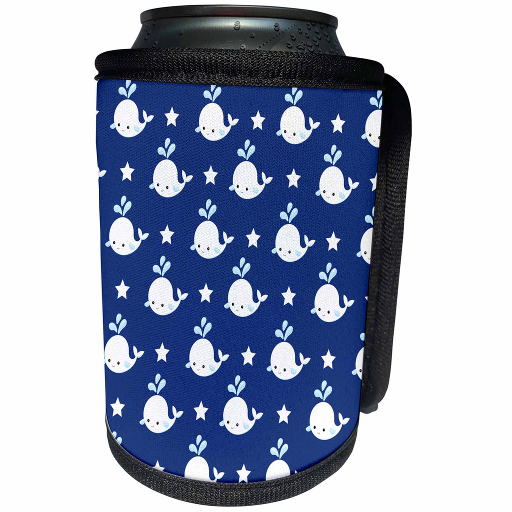 3dRose Anne Marie Baugh - Patterns - Cute White Spouting Whales On Dark Blue Pattern - Can Cooler Bottle Wrap (cc_274163)